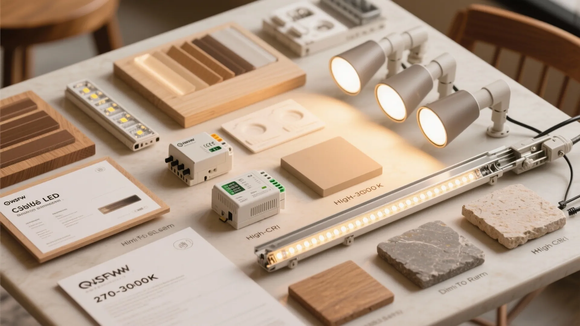 Flatlay of café lighting components and finishes for warm, high-CRI layered design.