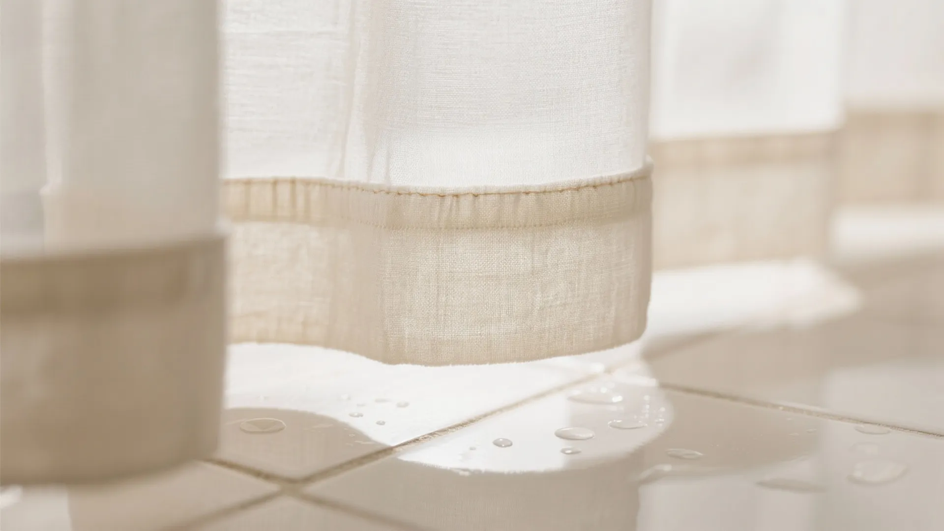 Macro of poly-linen sheer layered over a privacy lining with neat hem detail.