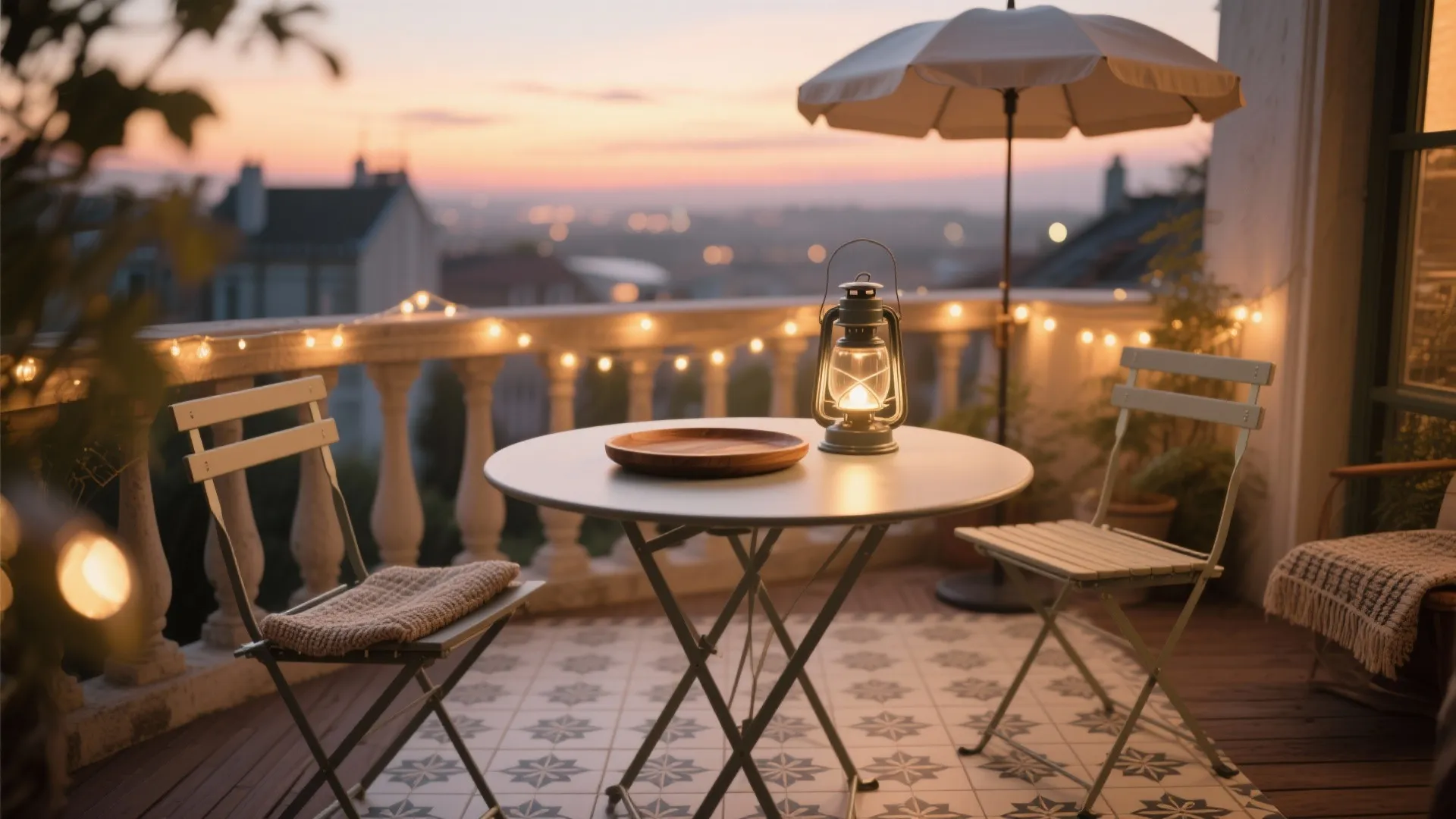 Café-Luxe Balcony: Bistro Set, Tiles, and Warm Lighting