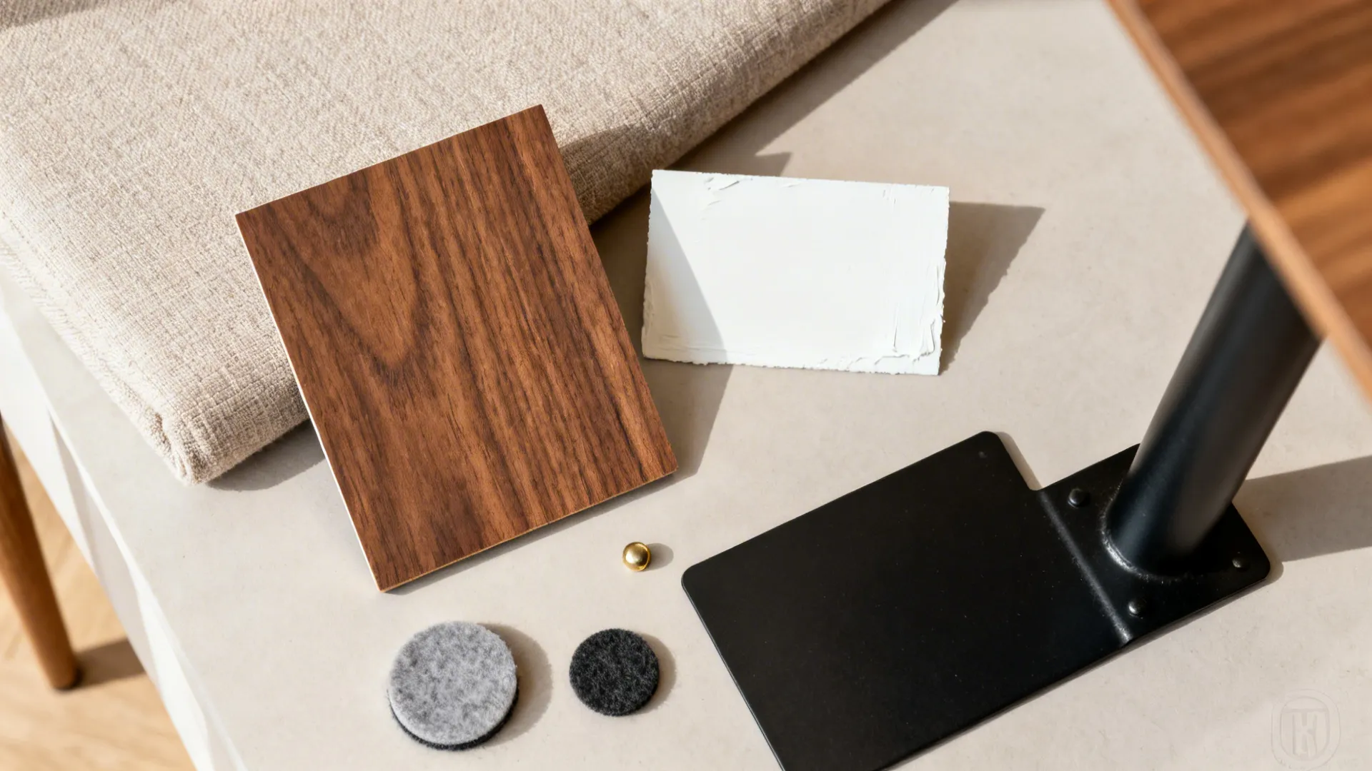 Flat lay of wood veneer, black metal, neutral fabric, and paint chips for a cafe-style nook.