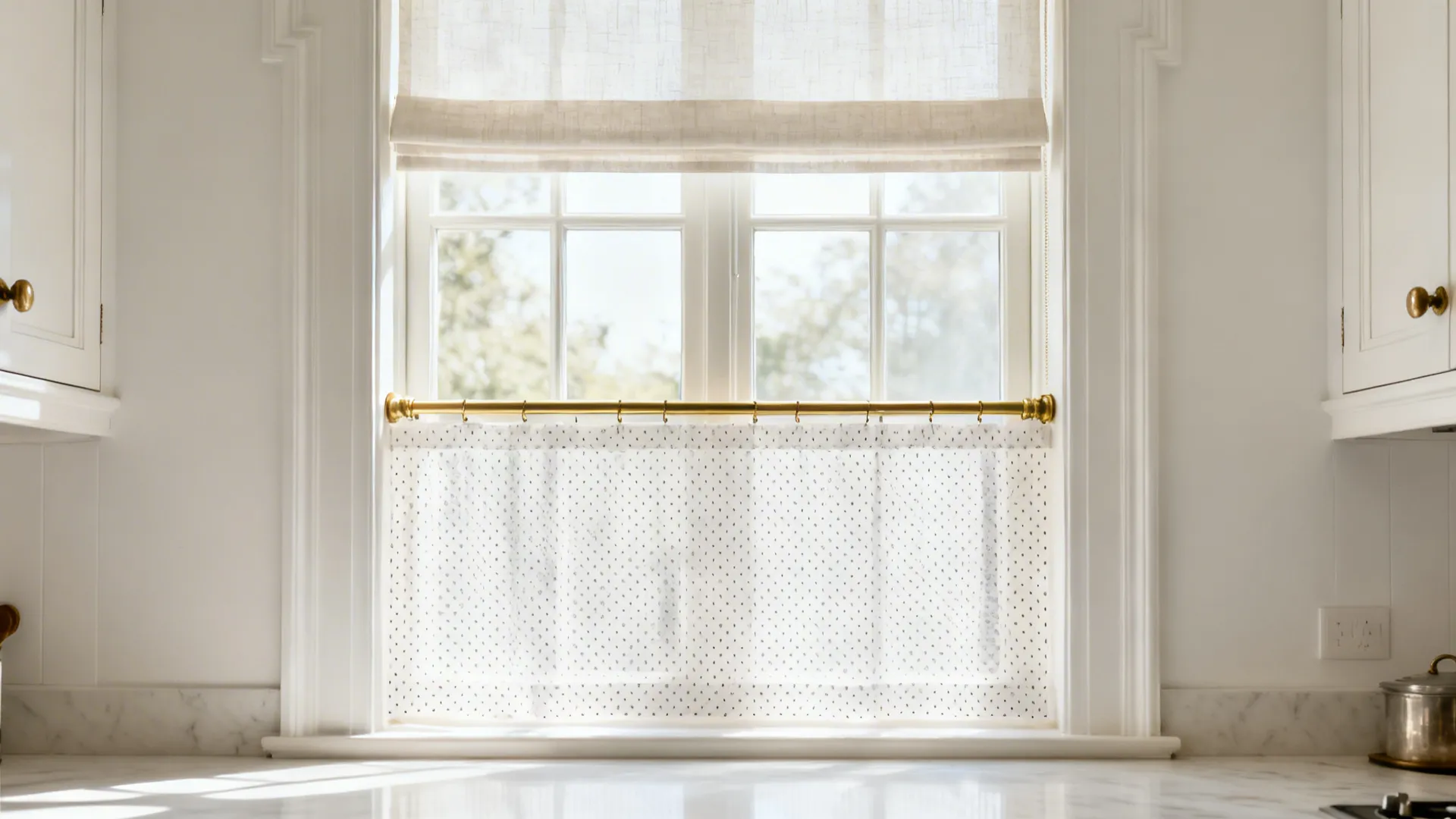 European-style kitchen window with a café net on a brass rod and a top transom shade.