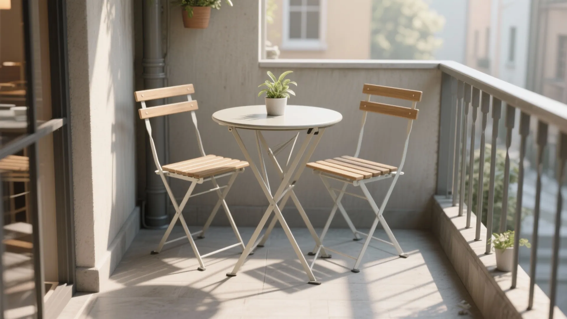 Small balcony café nook with a round bistro table and two foldable chairs in light finishes.