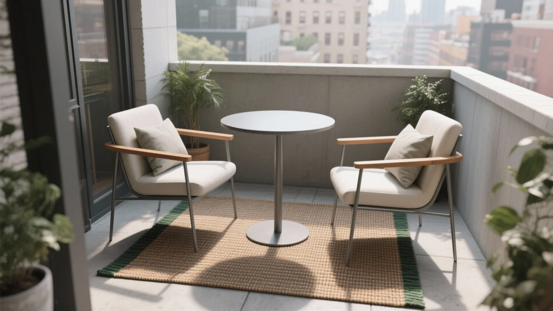 Mixed-material café nook with outdoor rug and armchairs