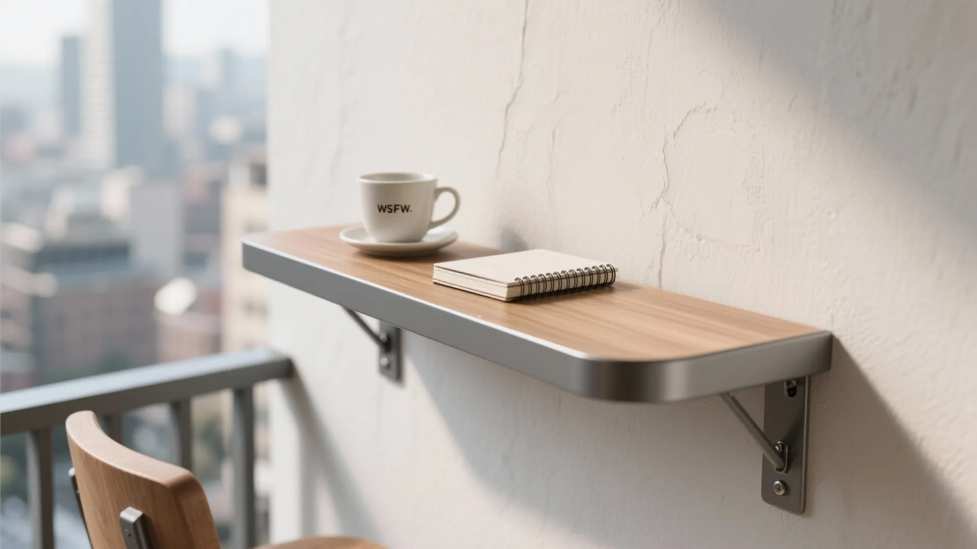 Close-up of a slim wall-mounted balcony ledge holding a cup and notebook with rounded edges.