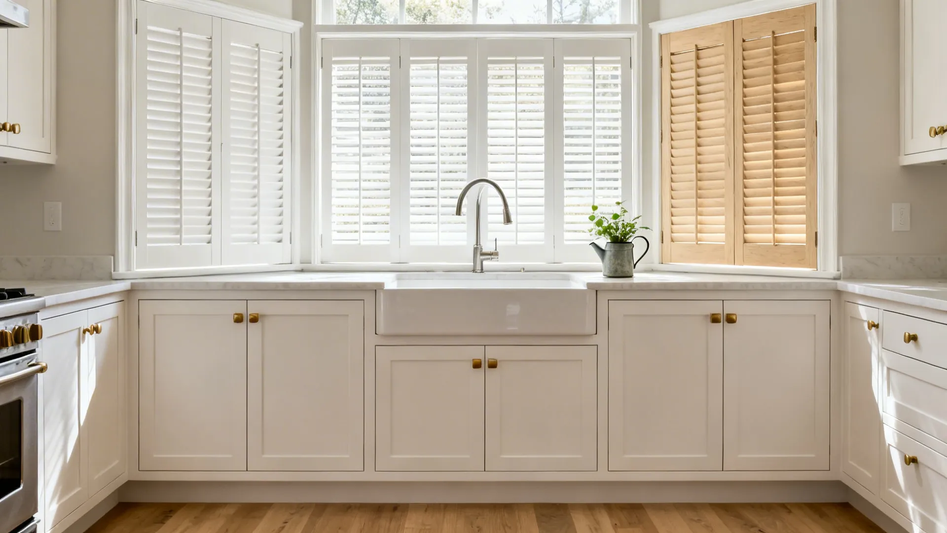 Half-height composite café shutters and 2-inch faux-wood blinds in a kitchen bay.