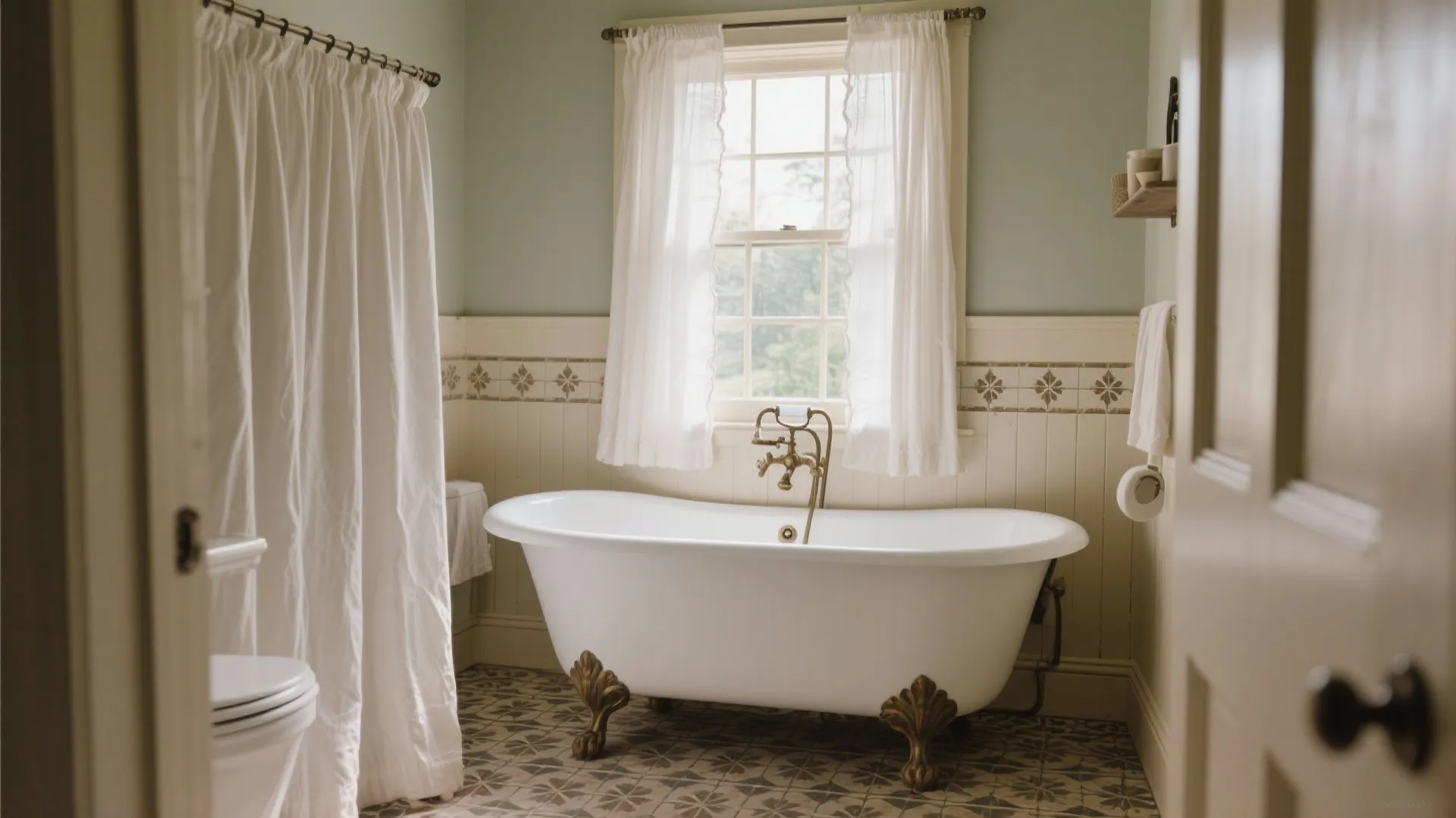 Vintage bathroom with café-style curtains for partial privacy
