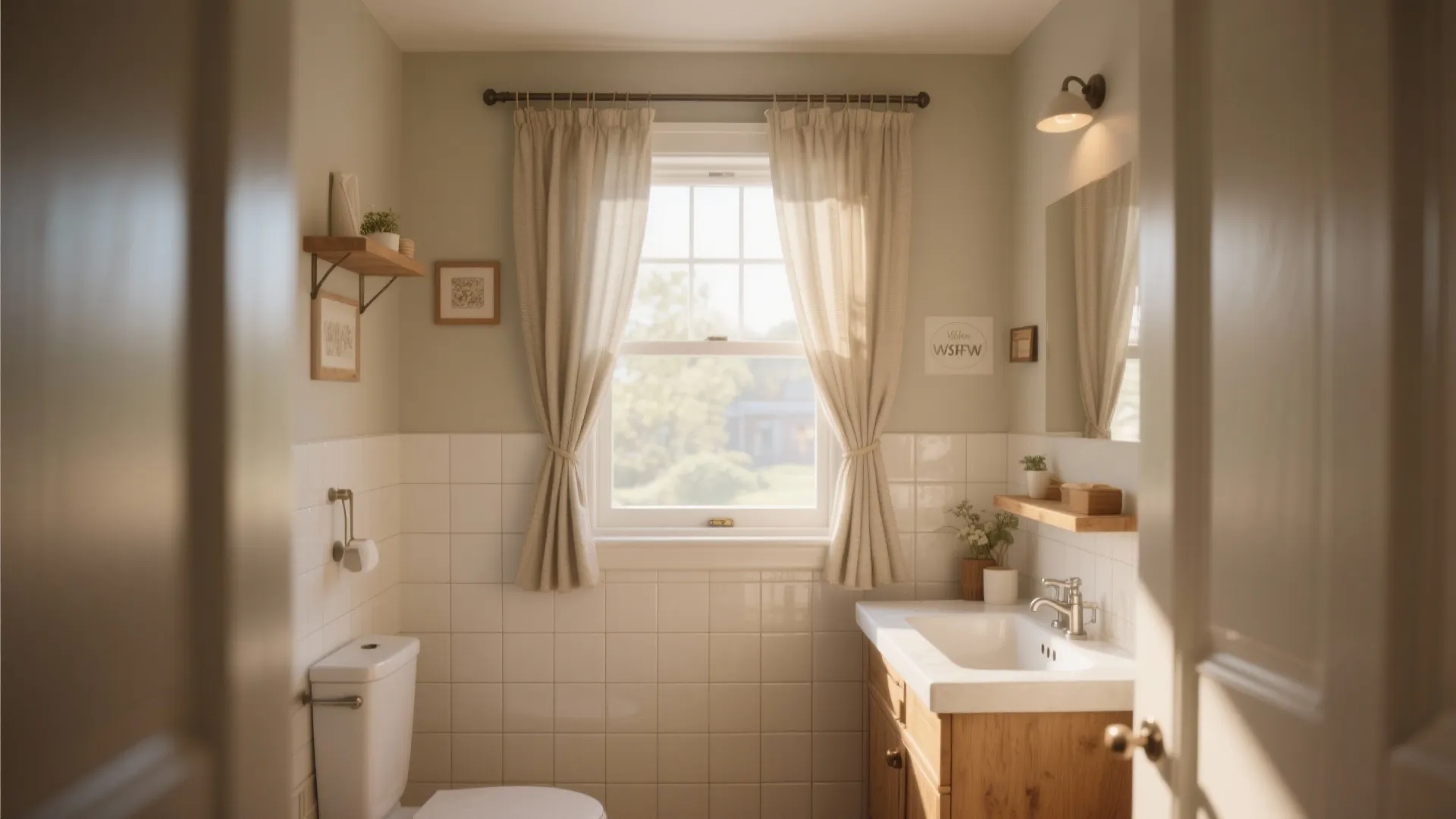Cozy bathroom featuring a window with beige curtains, wooden cabinet, white sink, and tiled walls