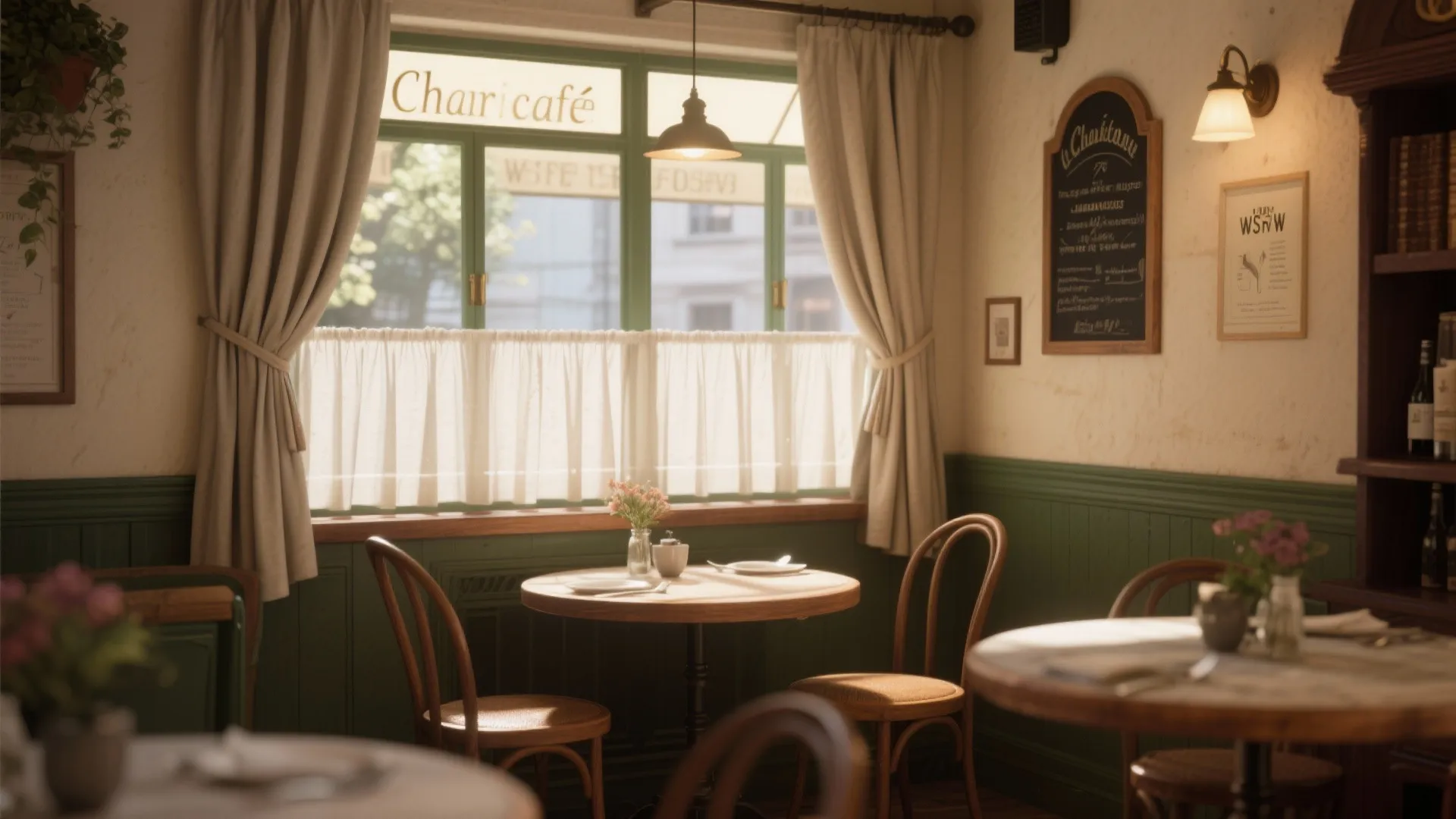 Dining space with charming café style half-curtains