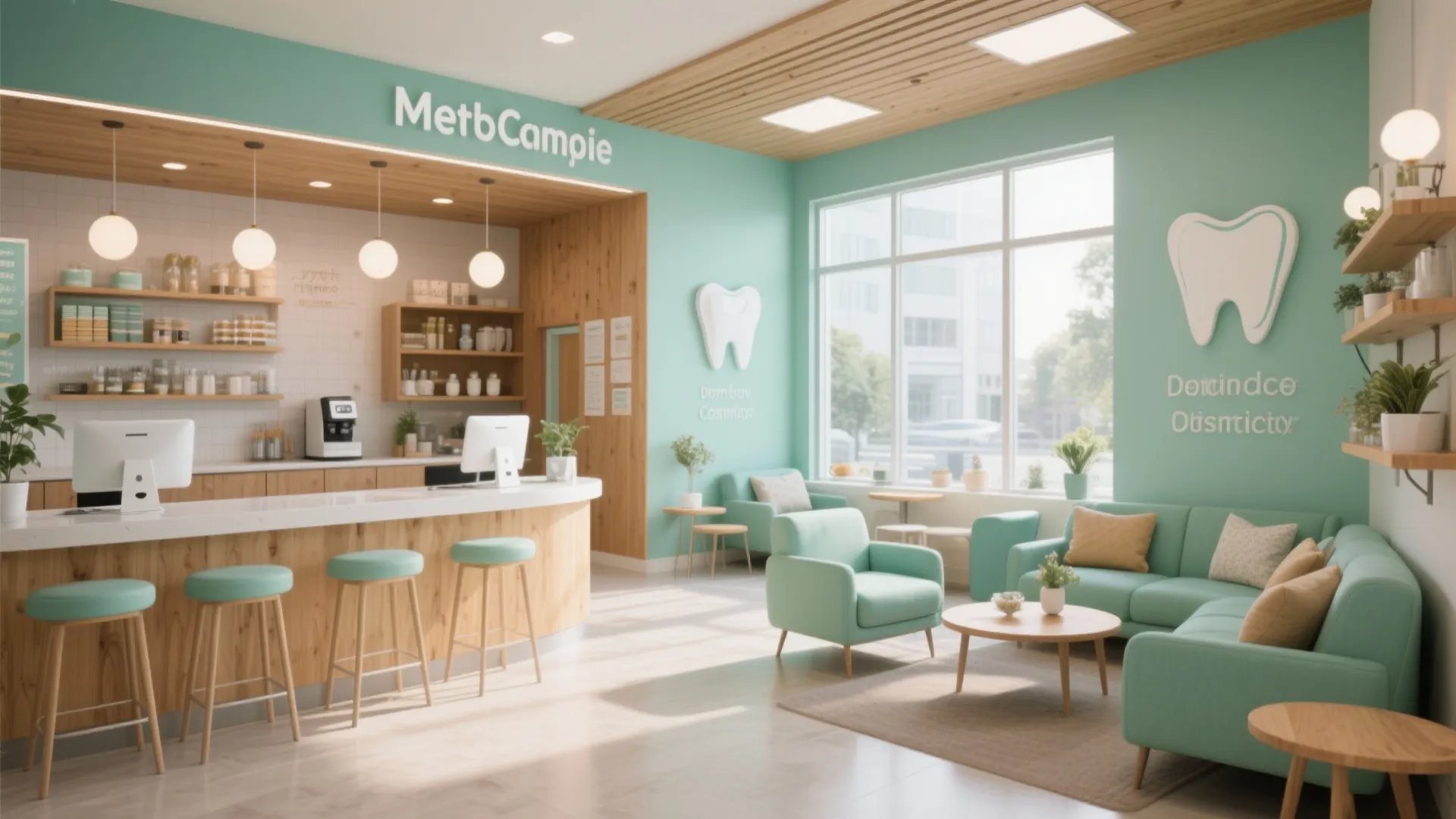 Modern dental reception area with mint green walls light wood counter soft sofa and large window