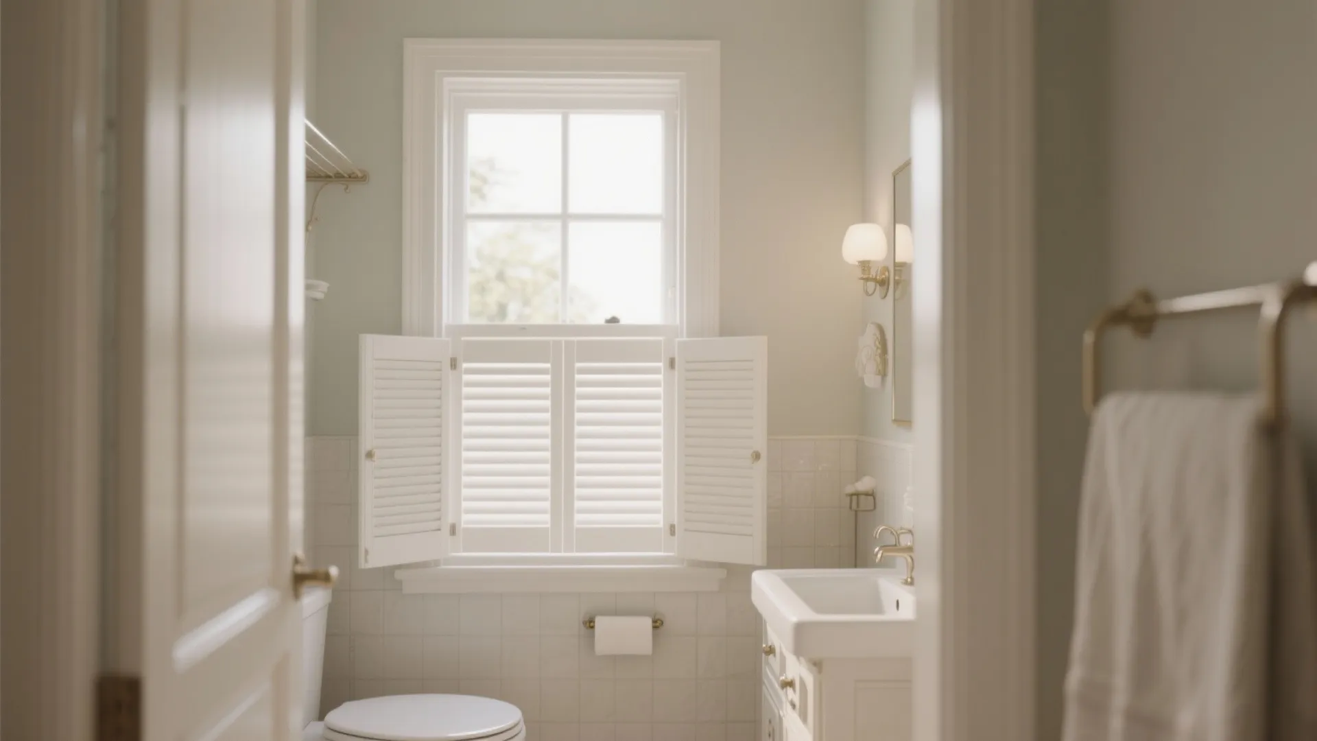 Traditional bathroom featuring white window shutters below a clear glass window and a small sink