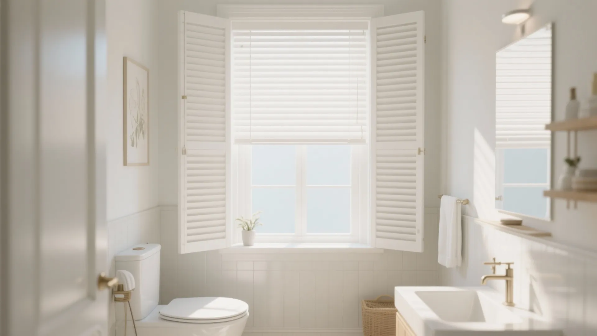 Bright white bathroom interior with white window shutters and matching blinds over a white ceramic toilet