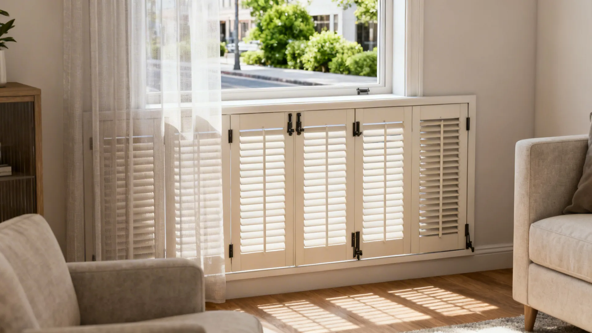 Window with café-style plantation shutters on the lower half and sheer upper window area letting in daylight.