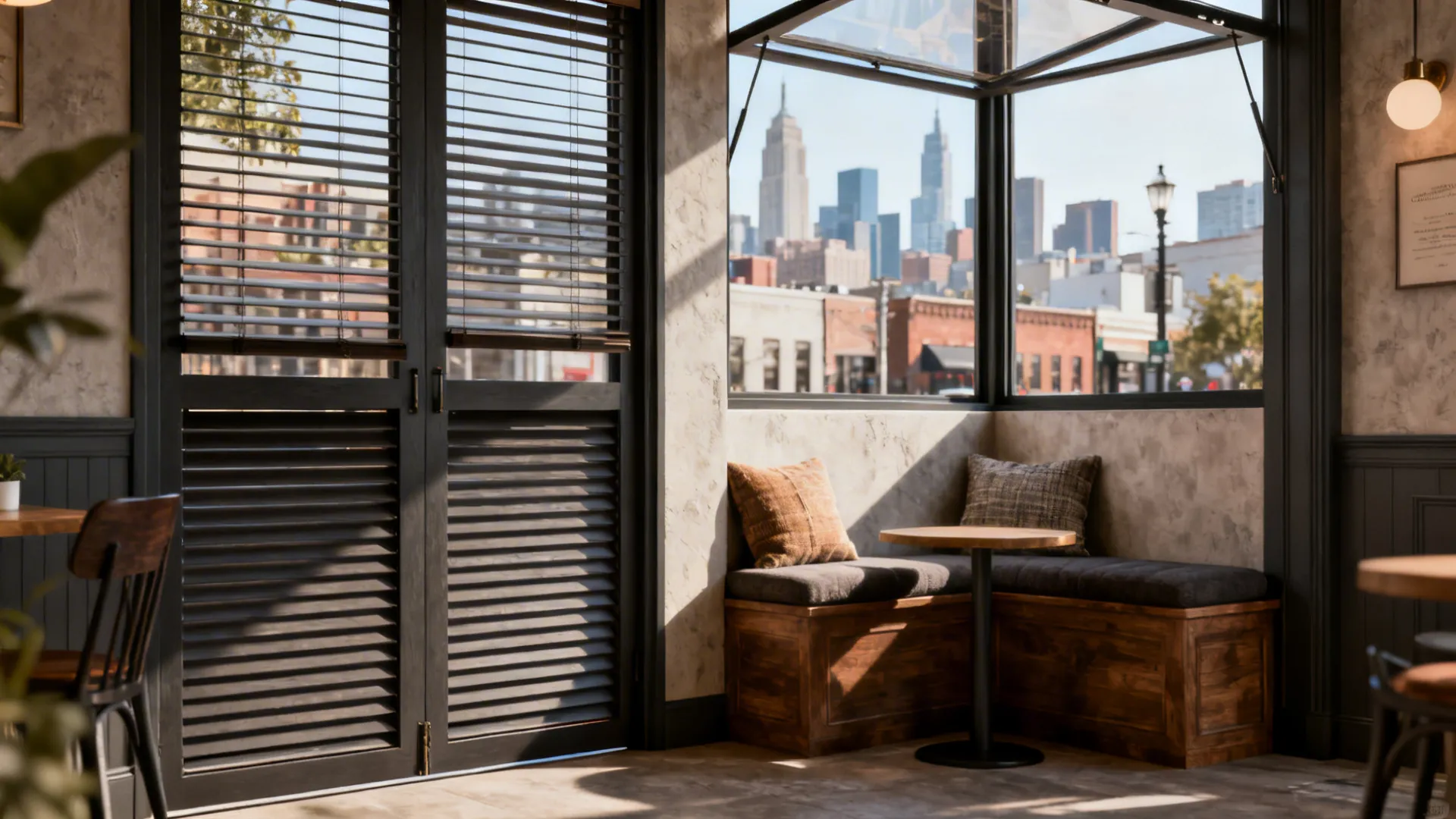 Apartment living room with café-style plantation shutters allowing city views and street-level privacy