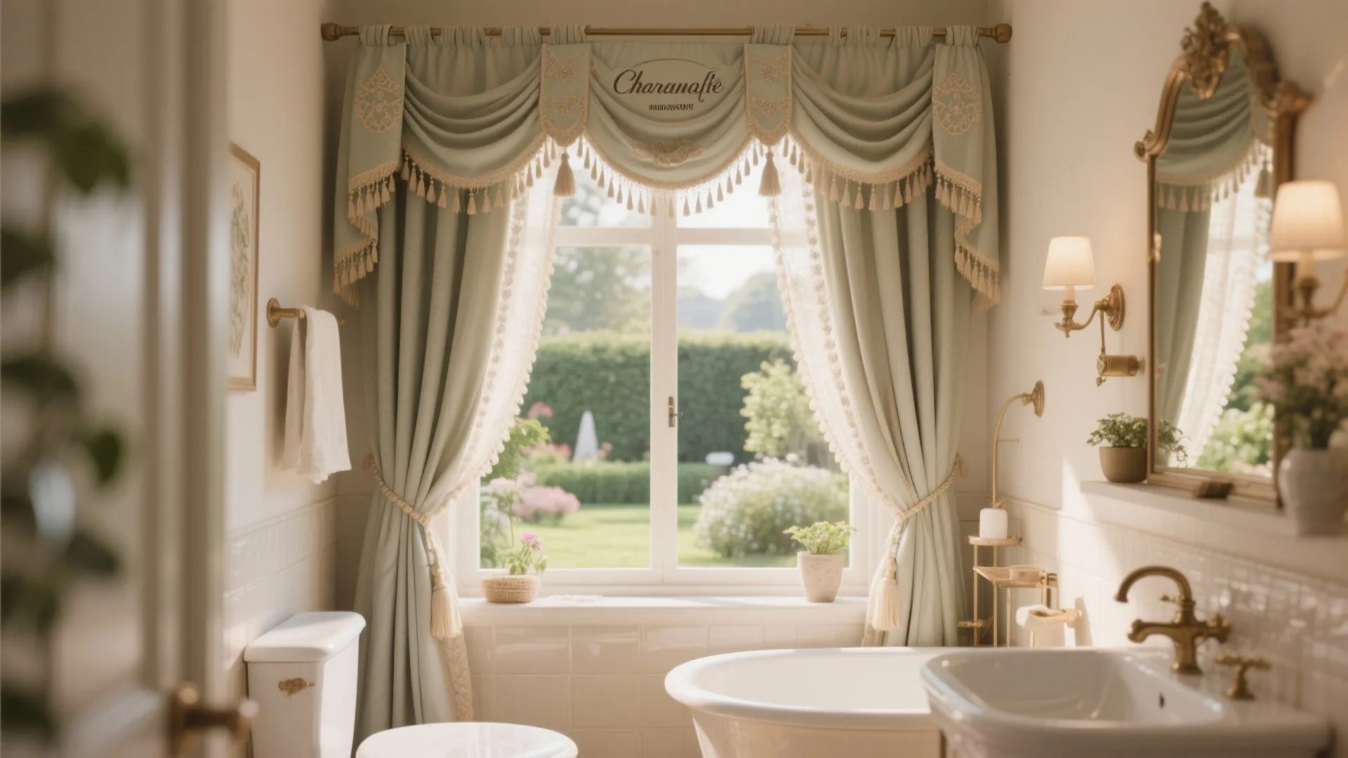 Luxury bathroom with elegant light green curtain bathtub gold wall light mirror and garden view