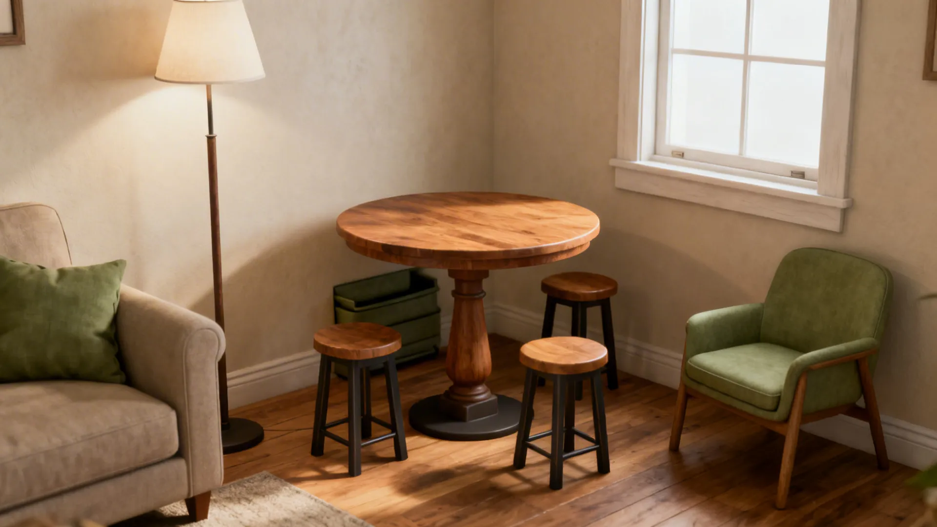 Round bistro table with mixed stools and an accent chair in a bright small living room corner.