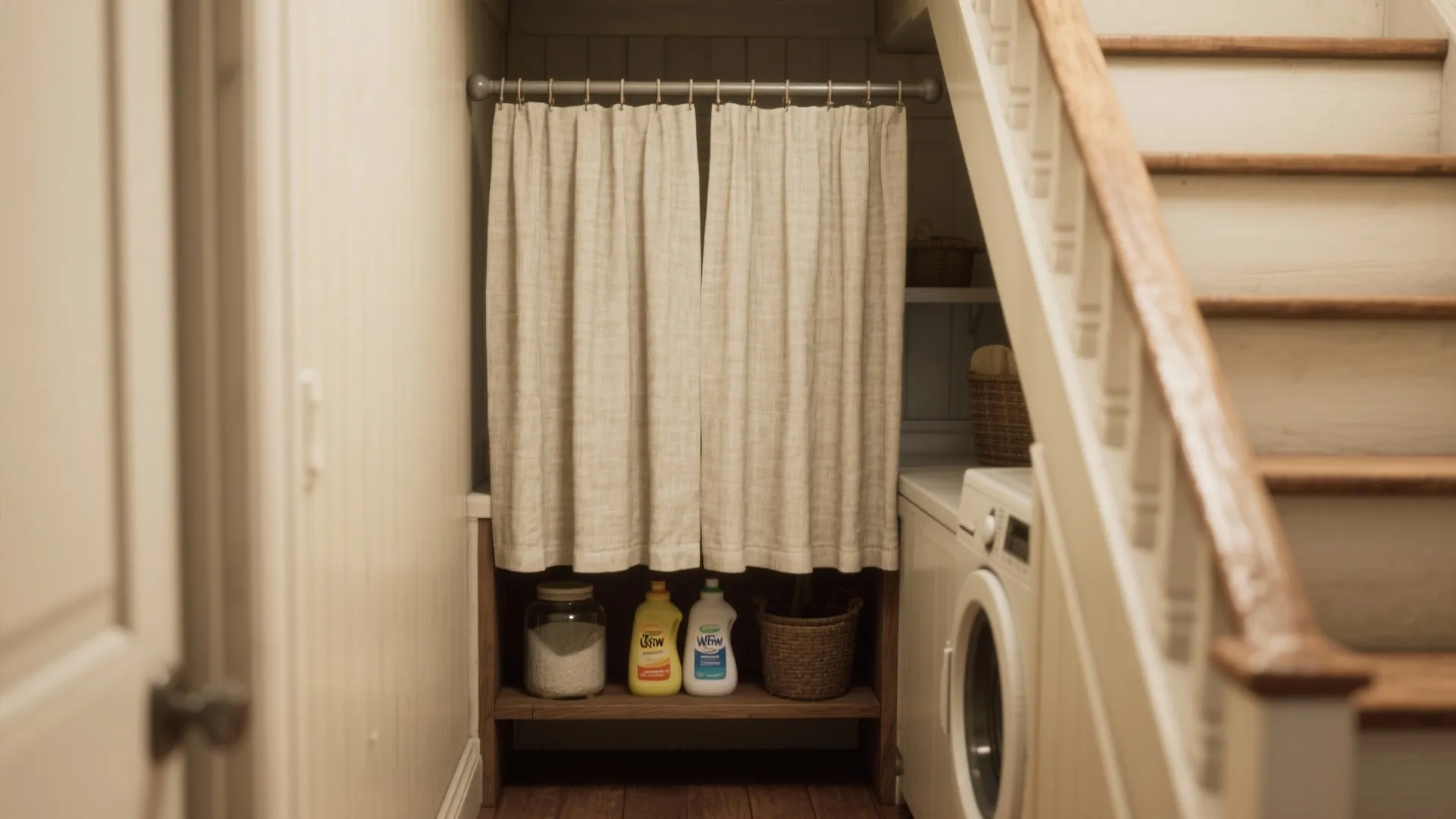 Laundry storage under stairs with beige curtain, washing machine, cleaning supplies, and wooden shelving unit