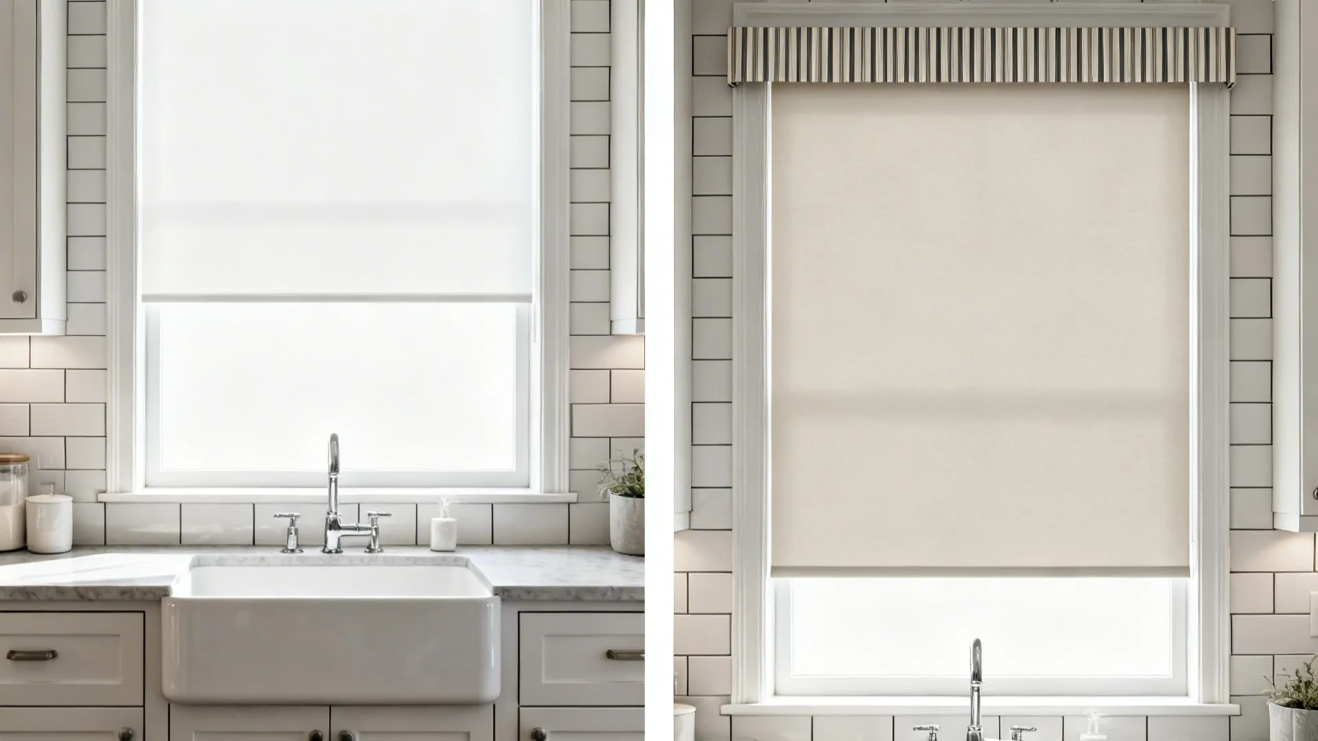 Before and after of a short kitchen window upgraded with café panels and a slim valance.