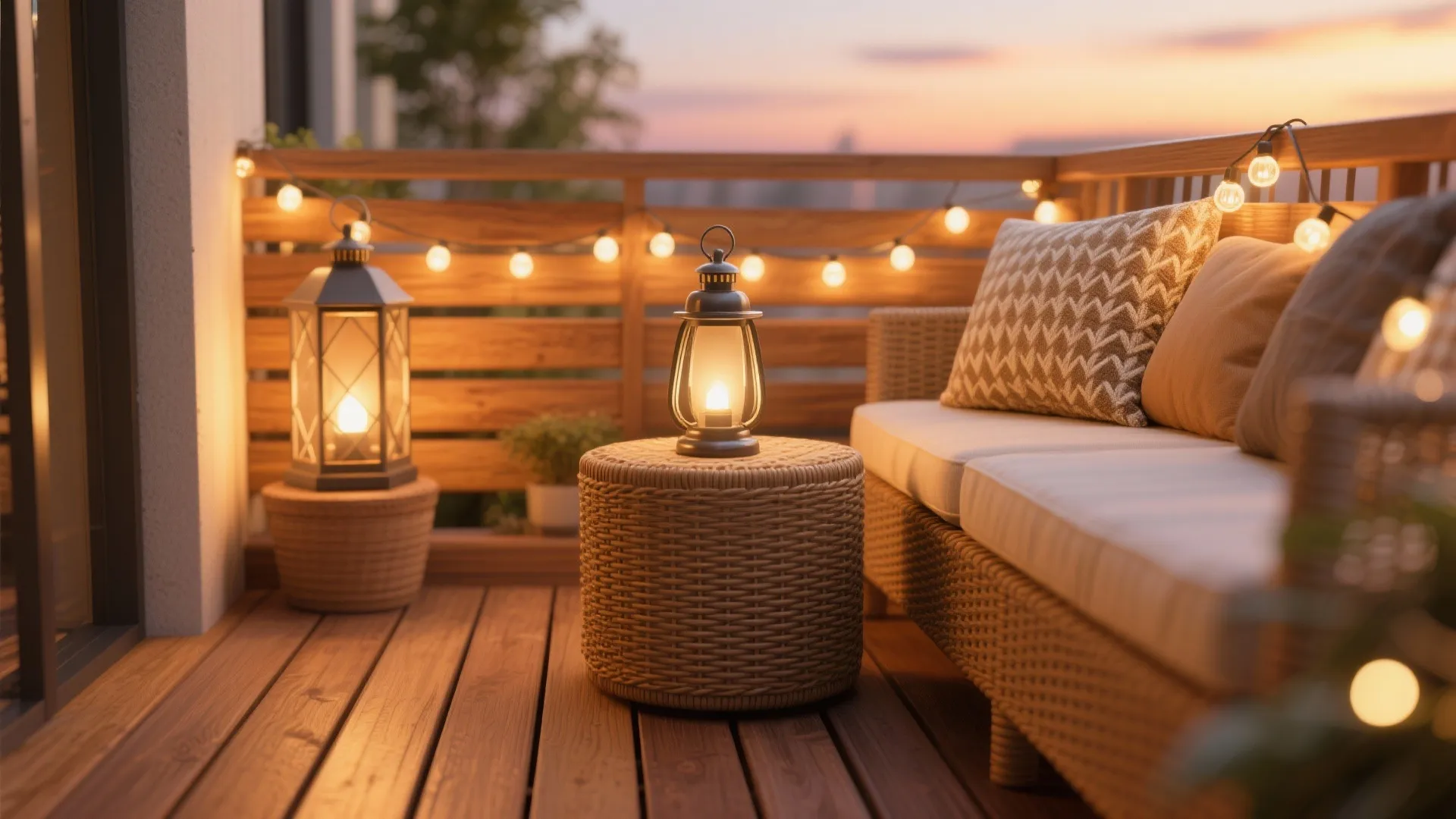Balcony at sunset with wooden floor string lights and two lanterns on a woven table