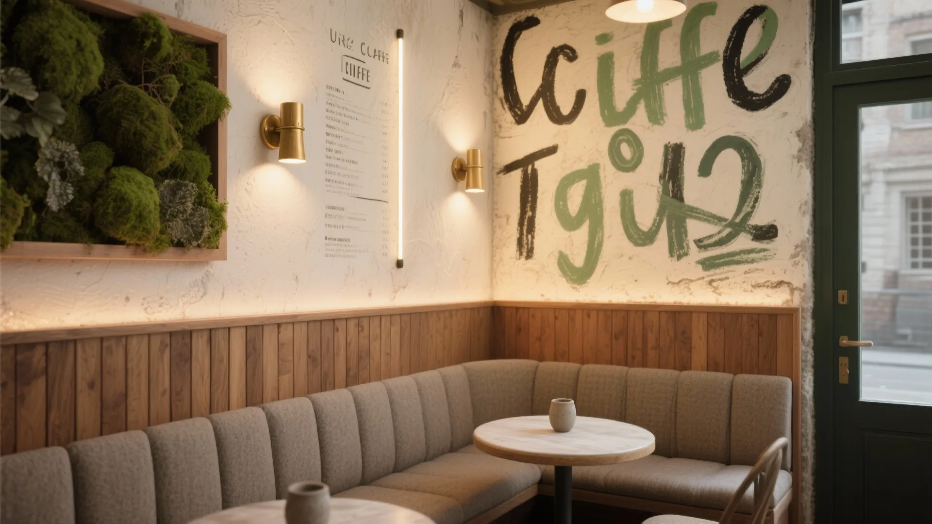 Cafe interior with grey sofa seating wood wall panels round tables wall lights and green plants