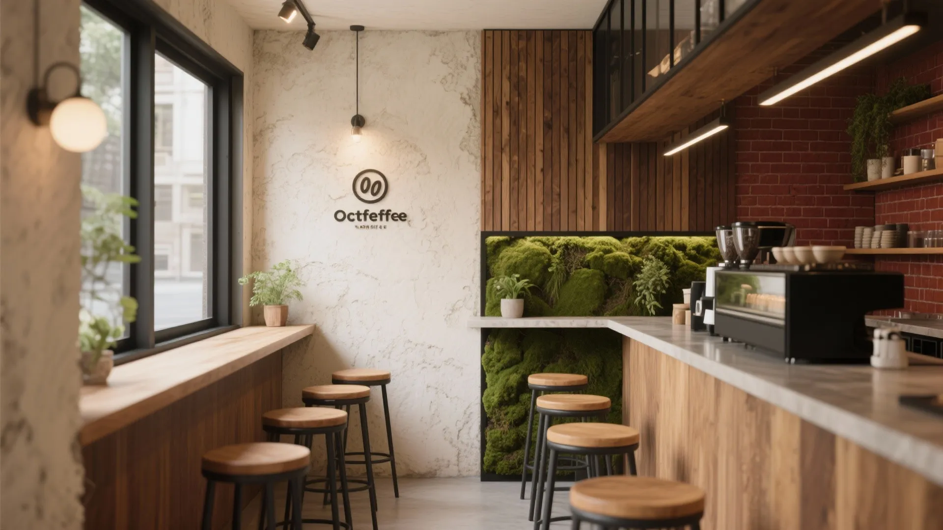 Cozy cafe interior featuring a wood service counter green moss wall and tall wooden stools