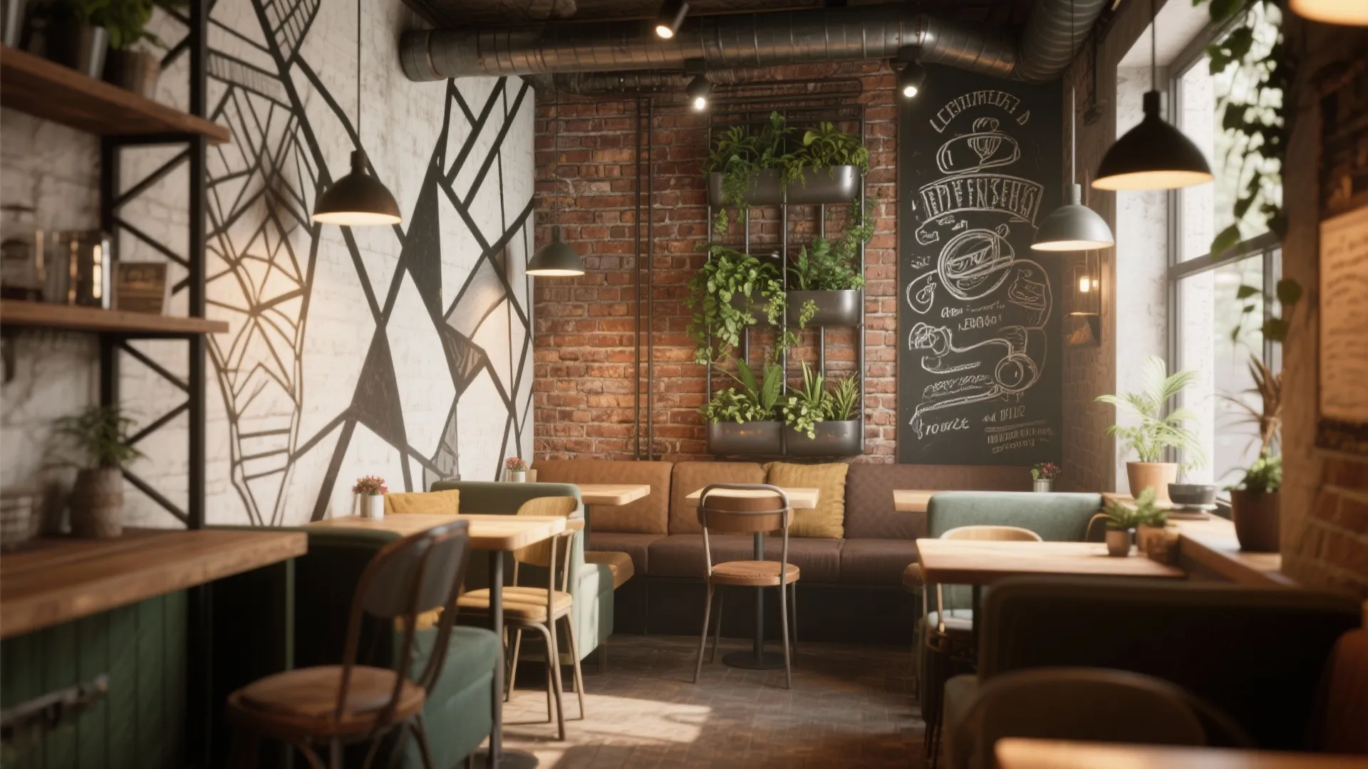 Industrial cafe design with brick walls black pendant lights wood tables and vertical green plant display