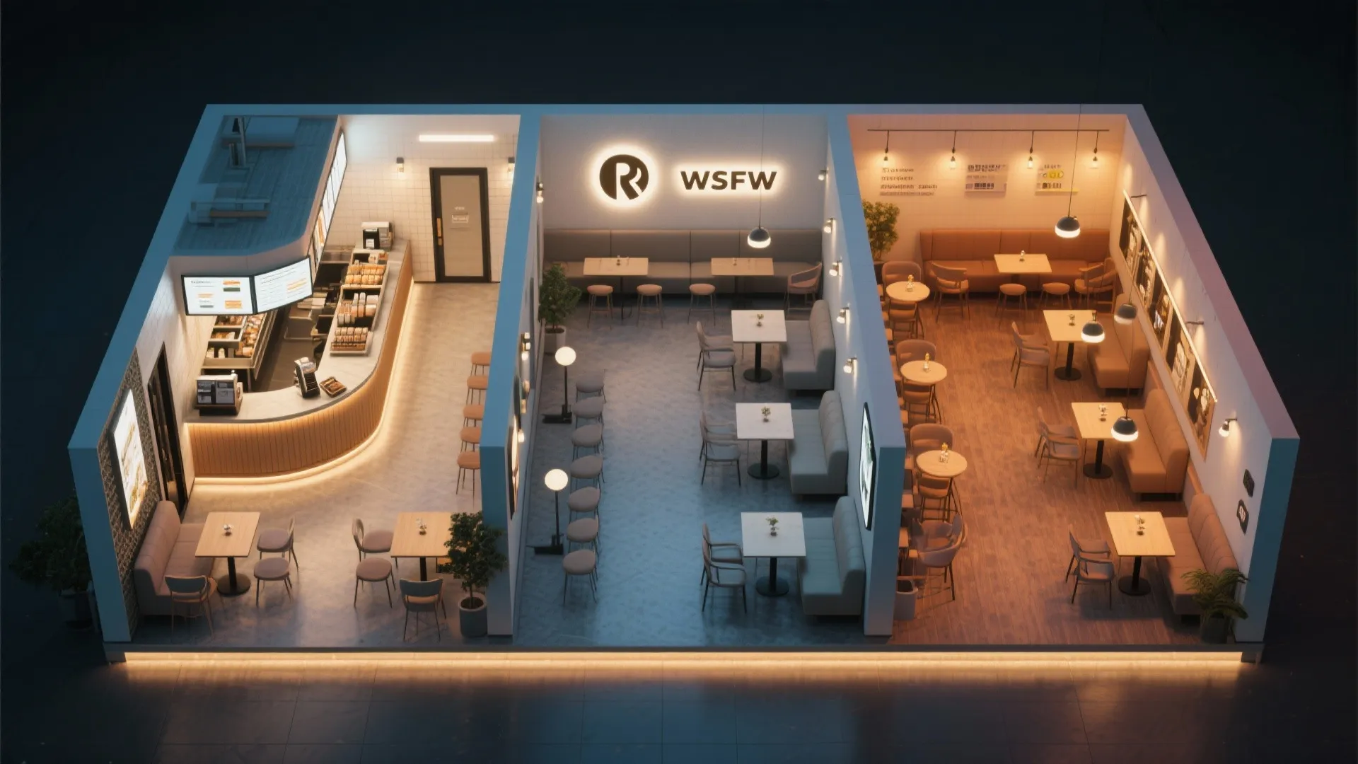 Top-down café zoning map showing brighter bar, softer seating, and scene-based dimming overlays.
