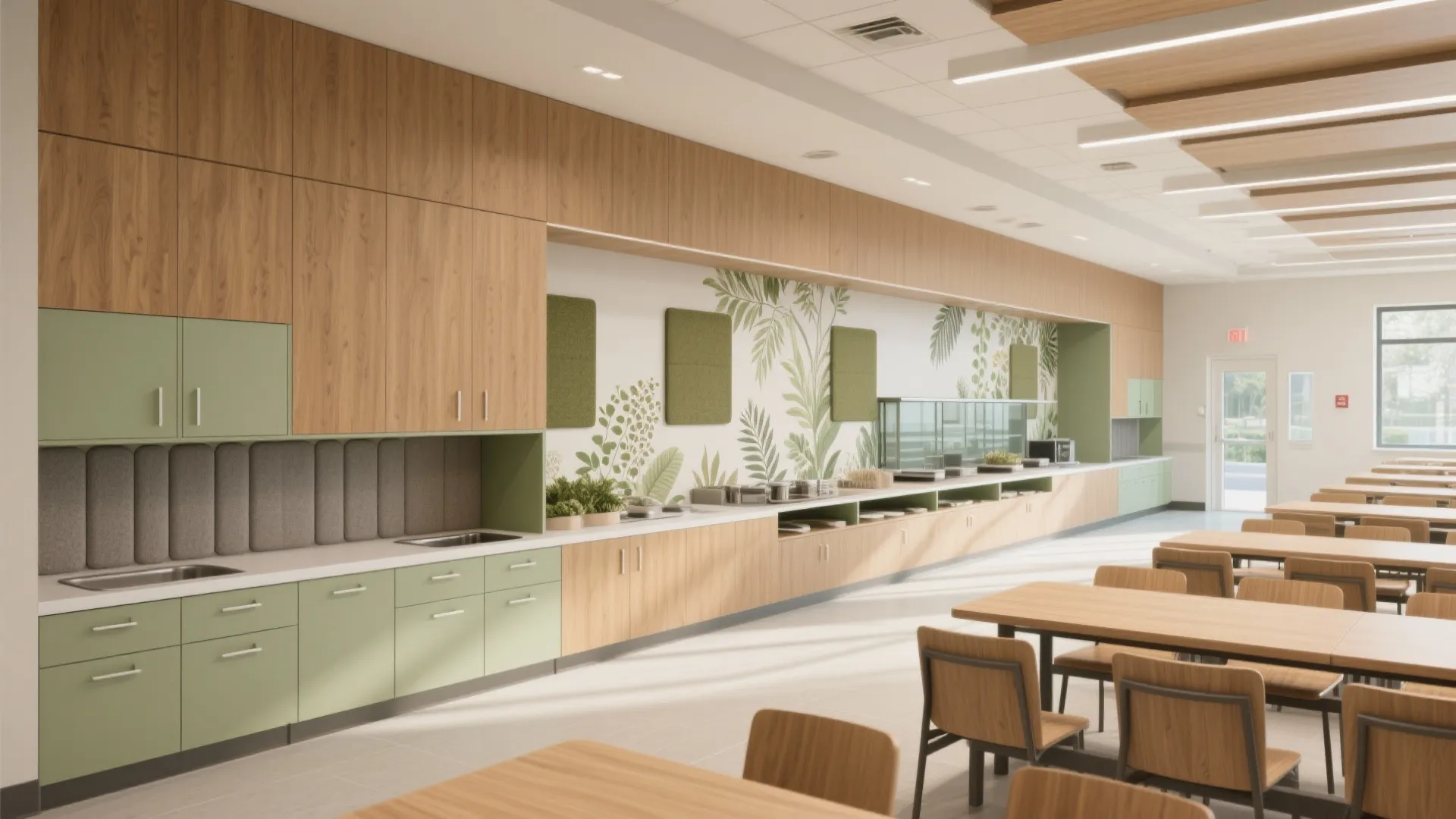 Modern school cafeteria with wooden cabinets, green storage, leaf wall mural, wooden tables, and chairs