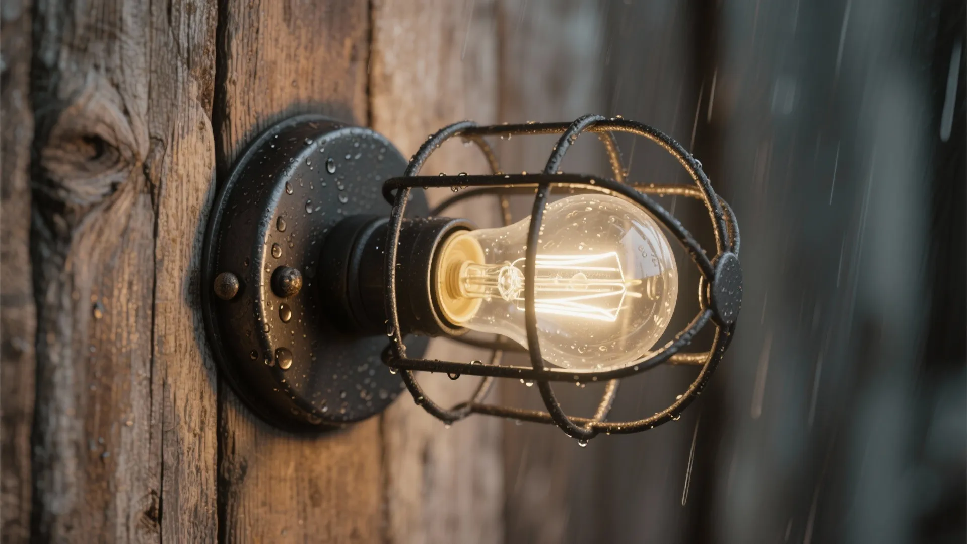 Cage-mounted outdoor bulb with frosted LED on reclaimed wood siding in farmhouse style.