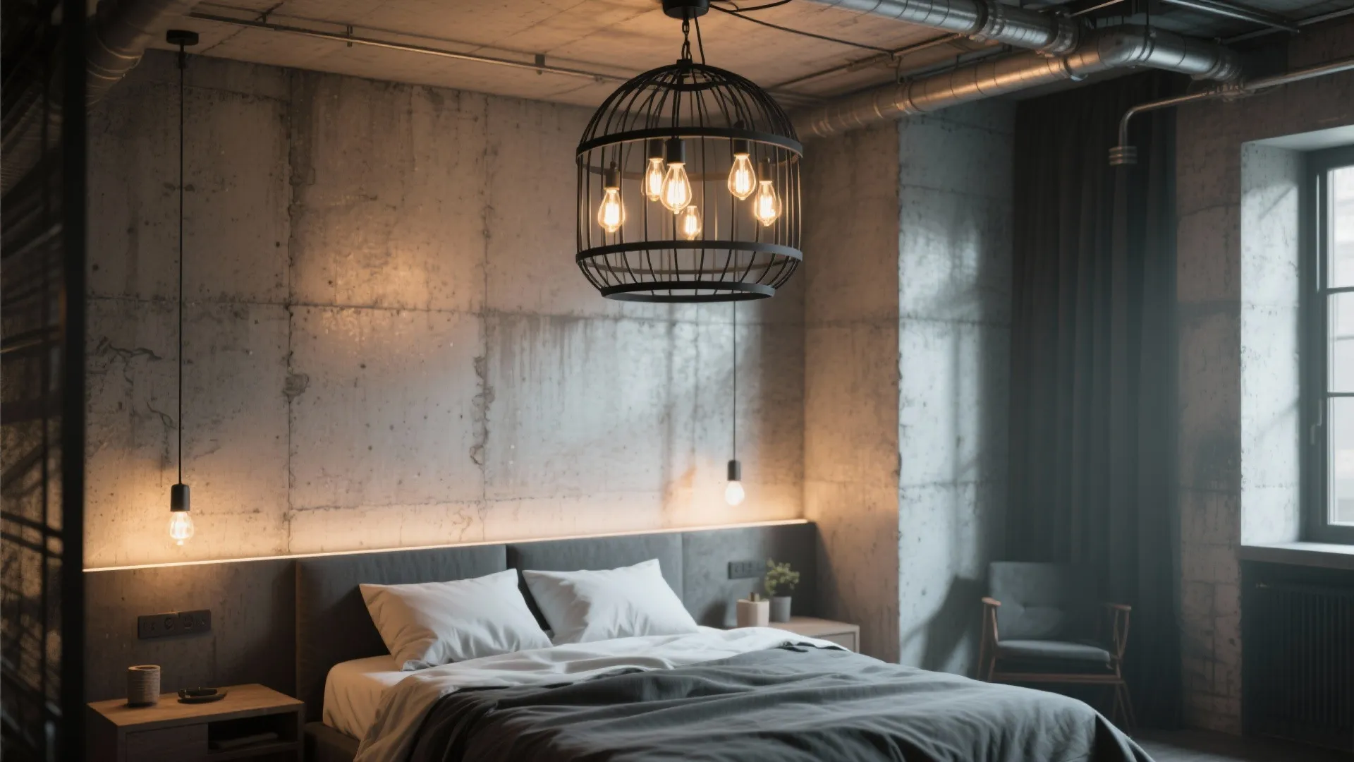 Industrial bedroom design with concrete walls black cage ceiling light and soft warm light bulbs