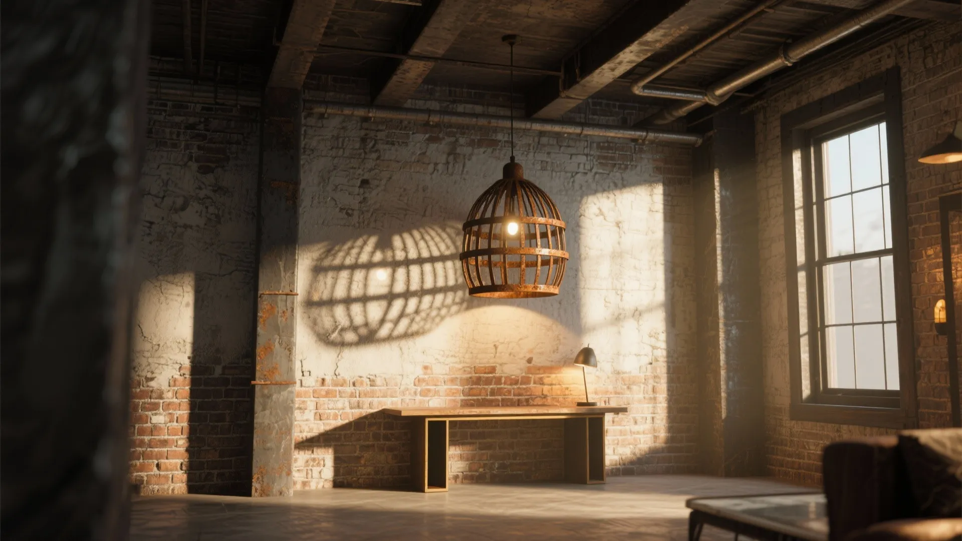 Industrial room with brick wall wooden table metal ceiling light large window and warm natural light