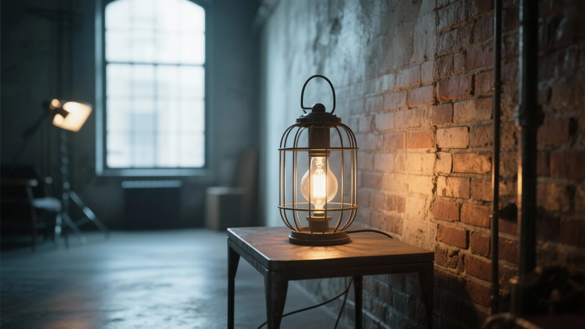 Compact industrial cage lamp with an Edison bulb in a loft studio setting against an exposed brick wall.