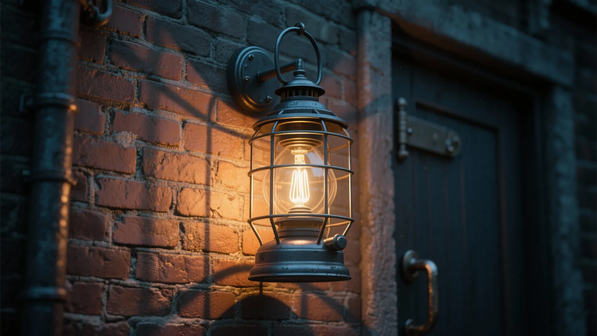 Vintage metal wall light with warm glowing bulb mounted on a red brick exterior wall