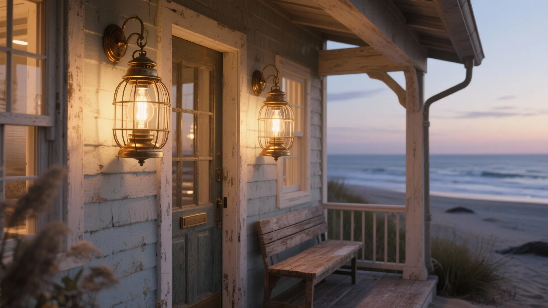 Entryway with vintage cage lanterns and warm Edison bulbs casting a cozy glow.