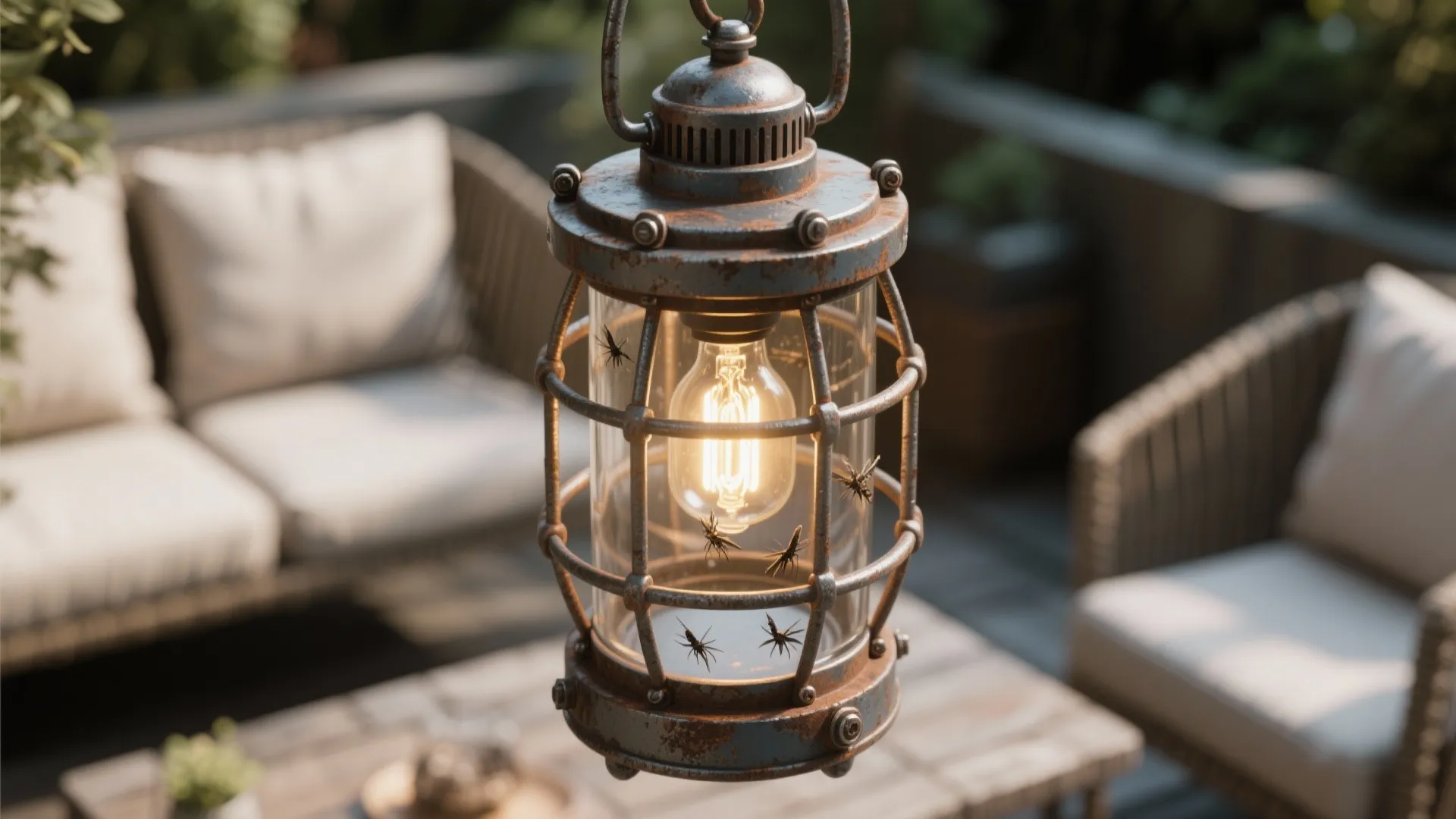 Industrial metal cage light fixture hanging over an outdoor patio area with grey sofa furniture