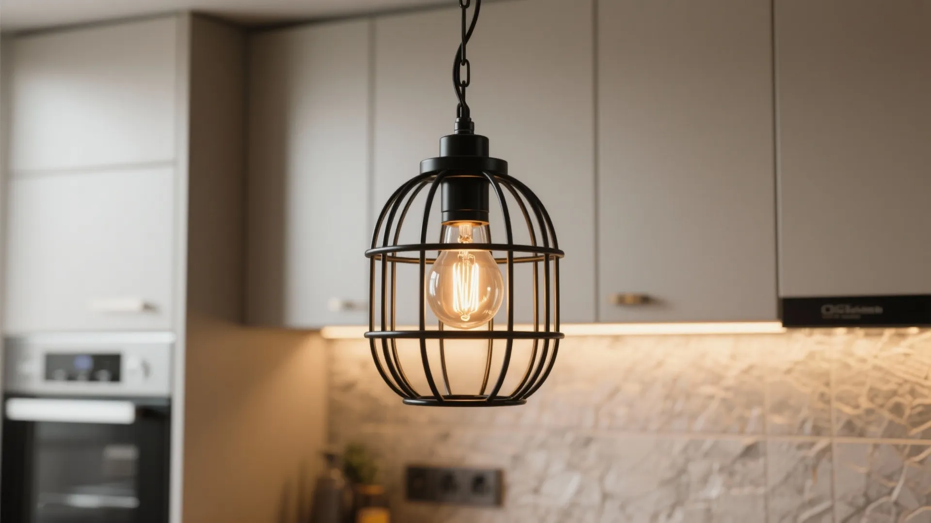 Close up of black metal cage light fixture with glowing bulb in modern kitchen cabinets