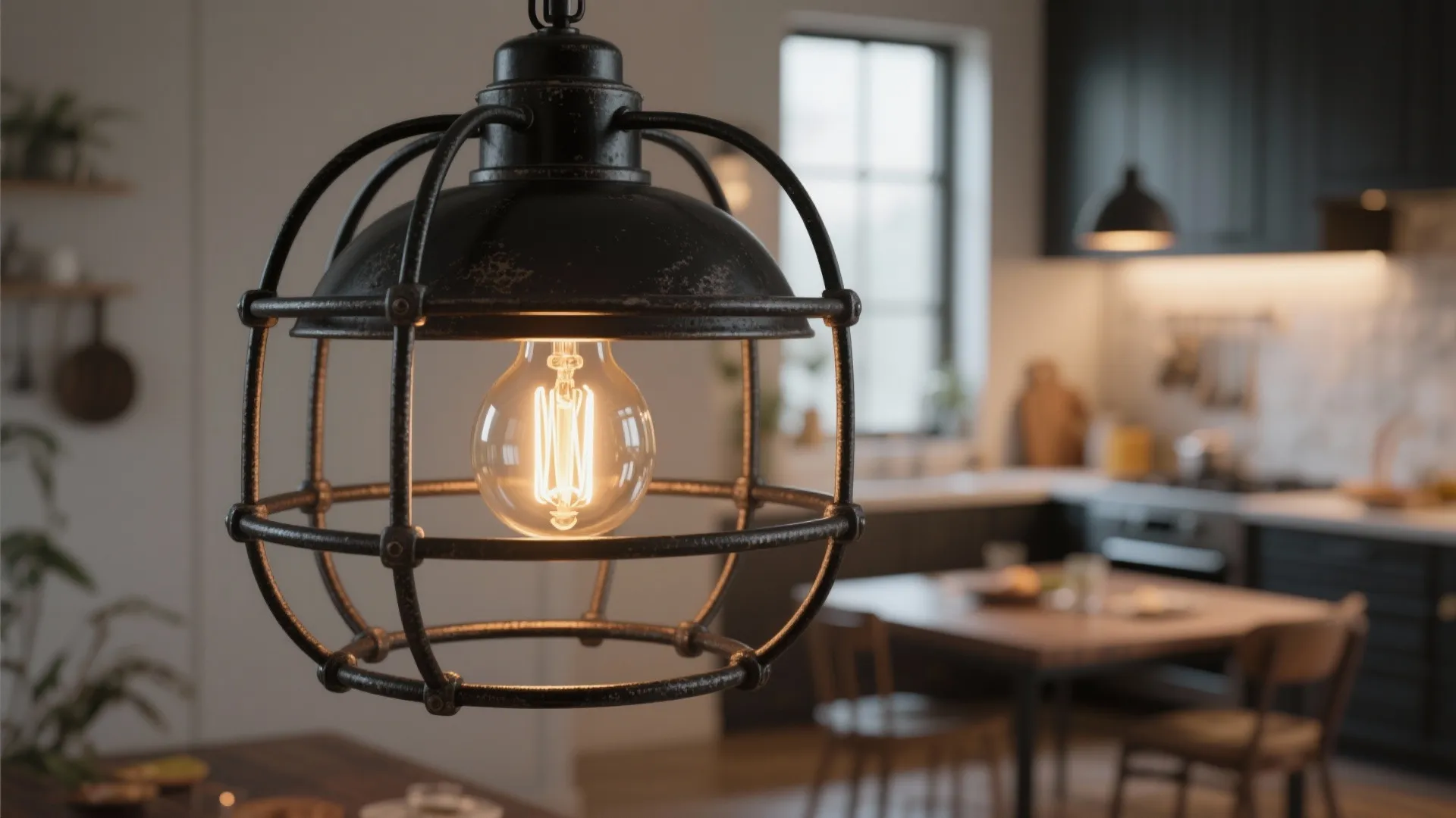 5. Industrial Cage Pendants with LED Vintage Bulbs