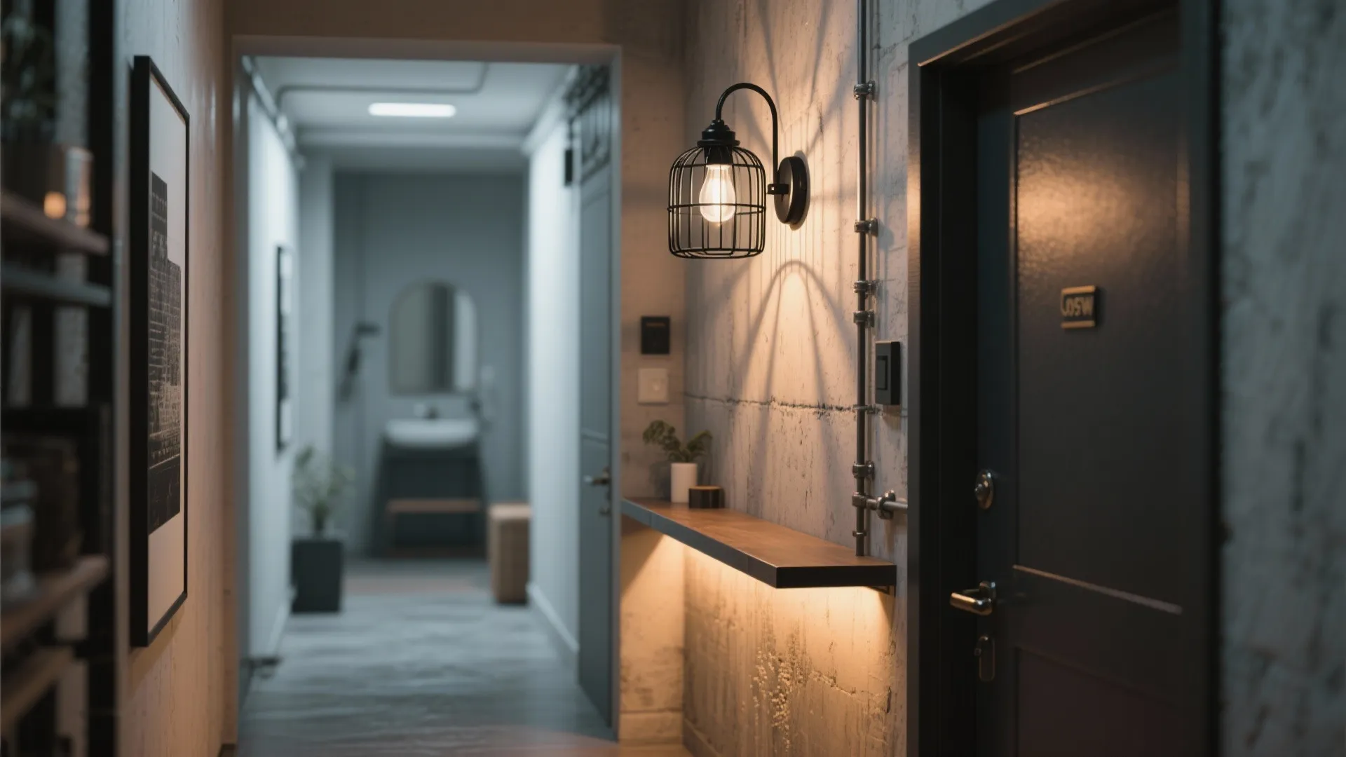 Industrial hallway with black cage wall light, concrete wall, wooden shelf, and dark entry door