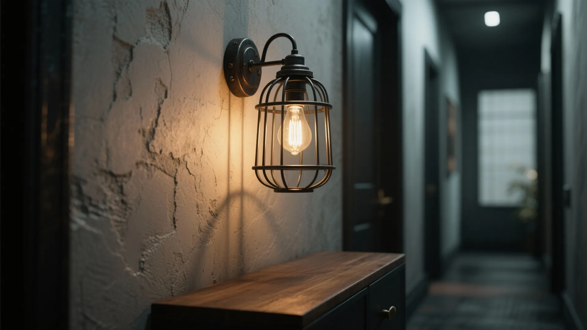 Industrial cage wall light above a console adding texture to a hallway