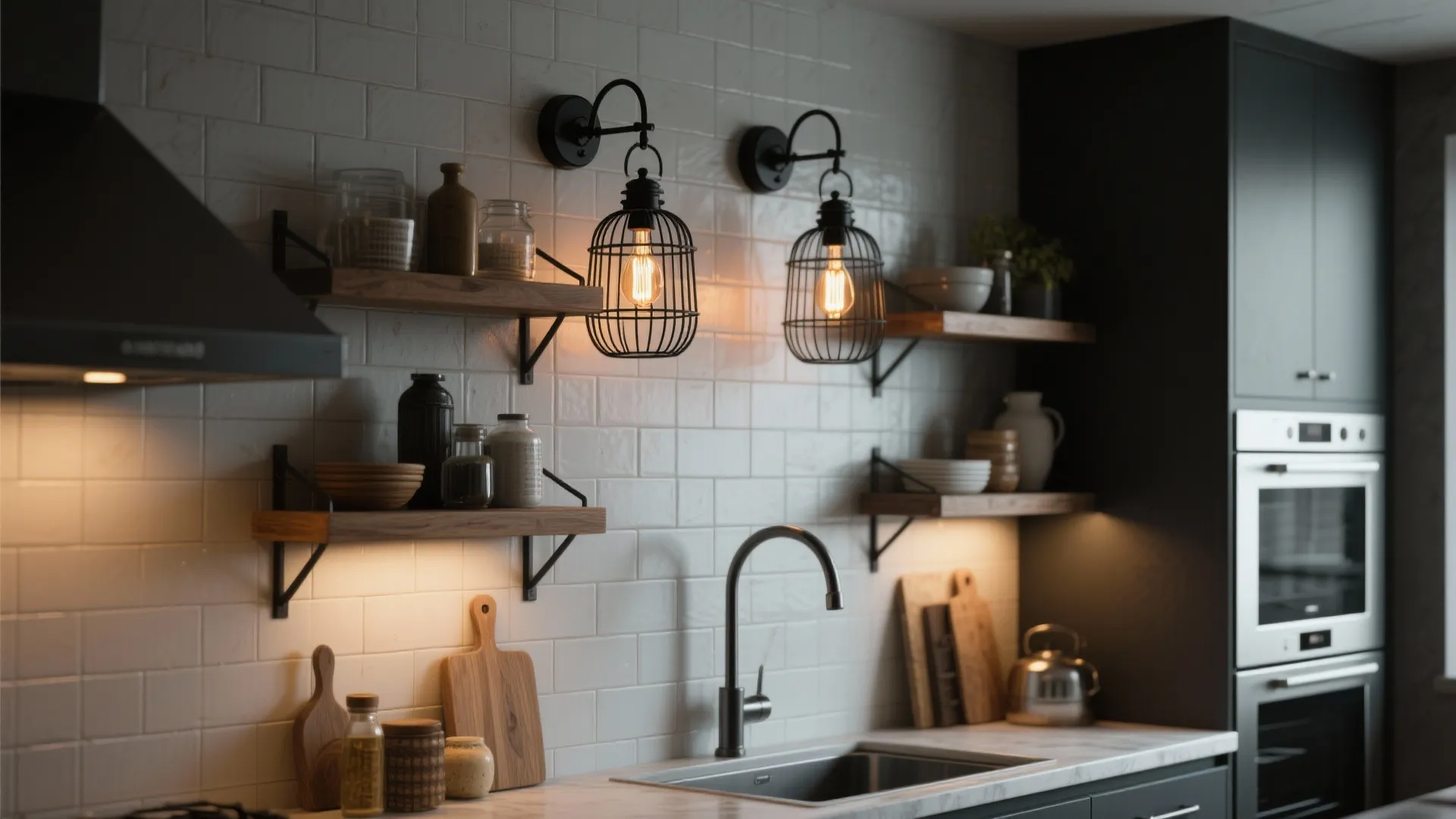 4. Industrial black cage sconces for a textured focal point