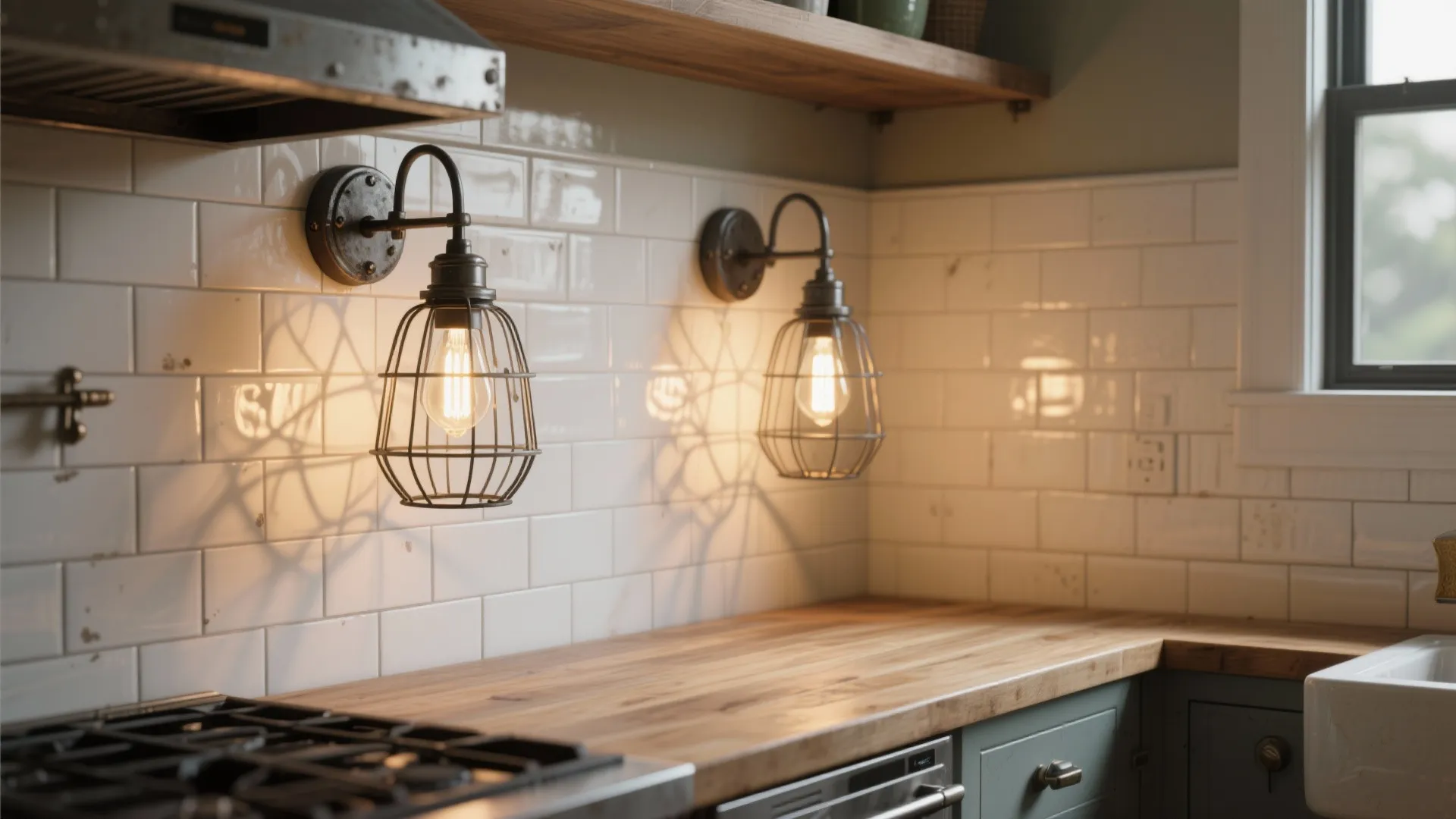 3. Cage-Shade Sconces Over Kitchen Counters