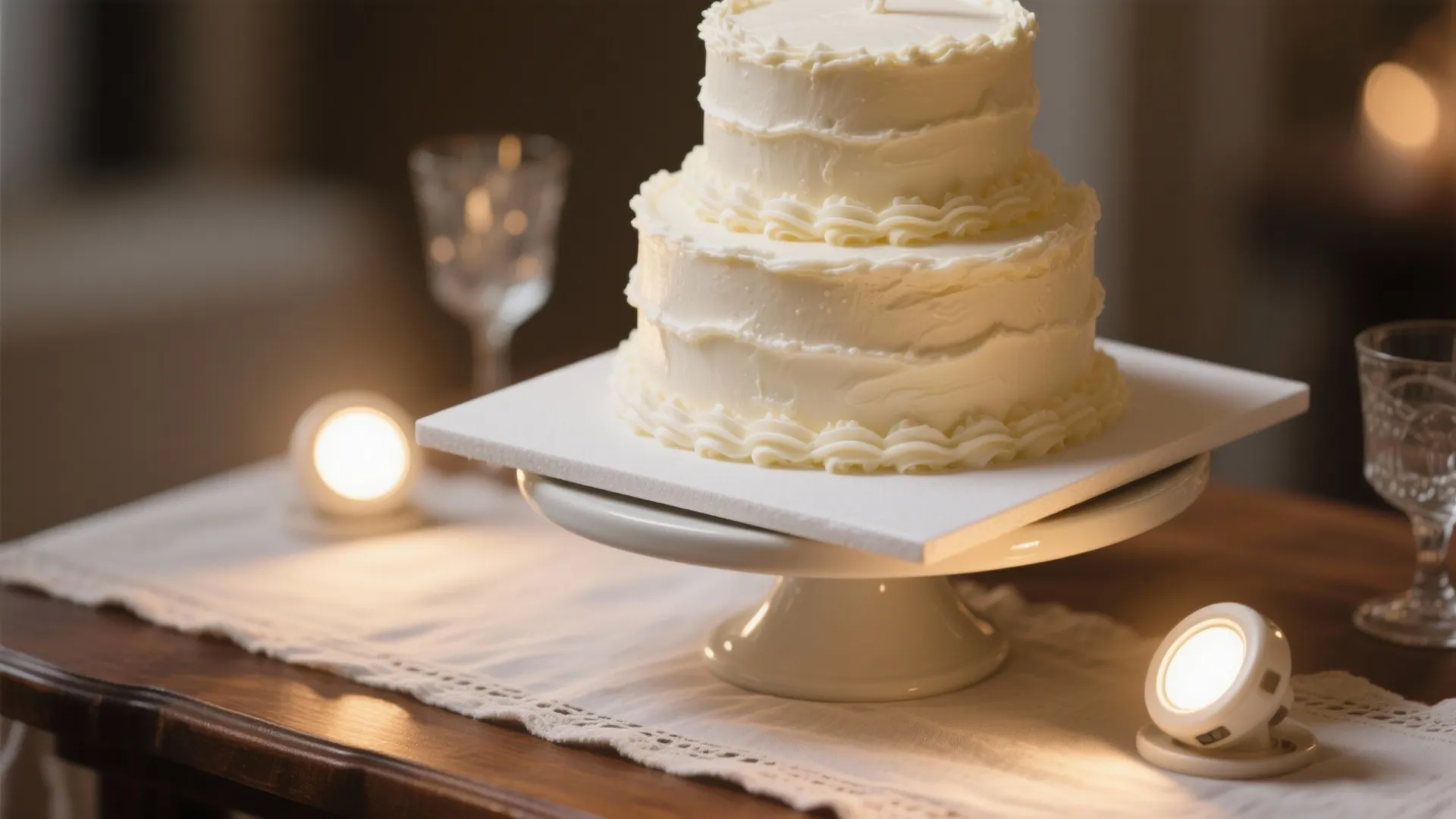 Accent lighting for the cake, bar, and floral moments