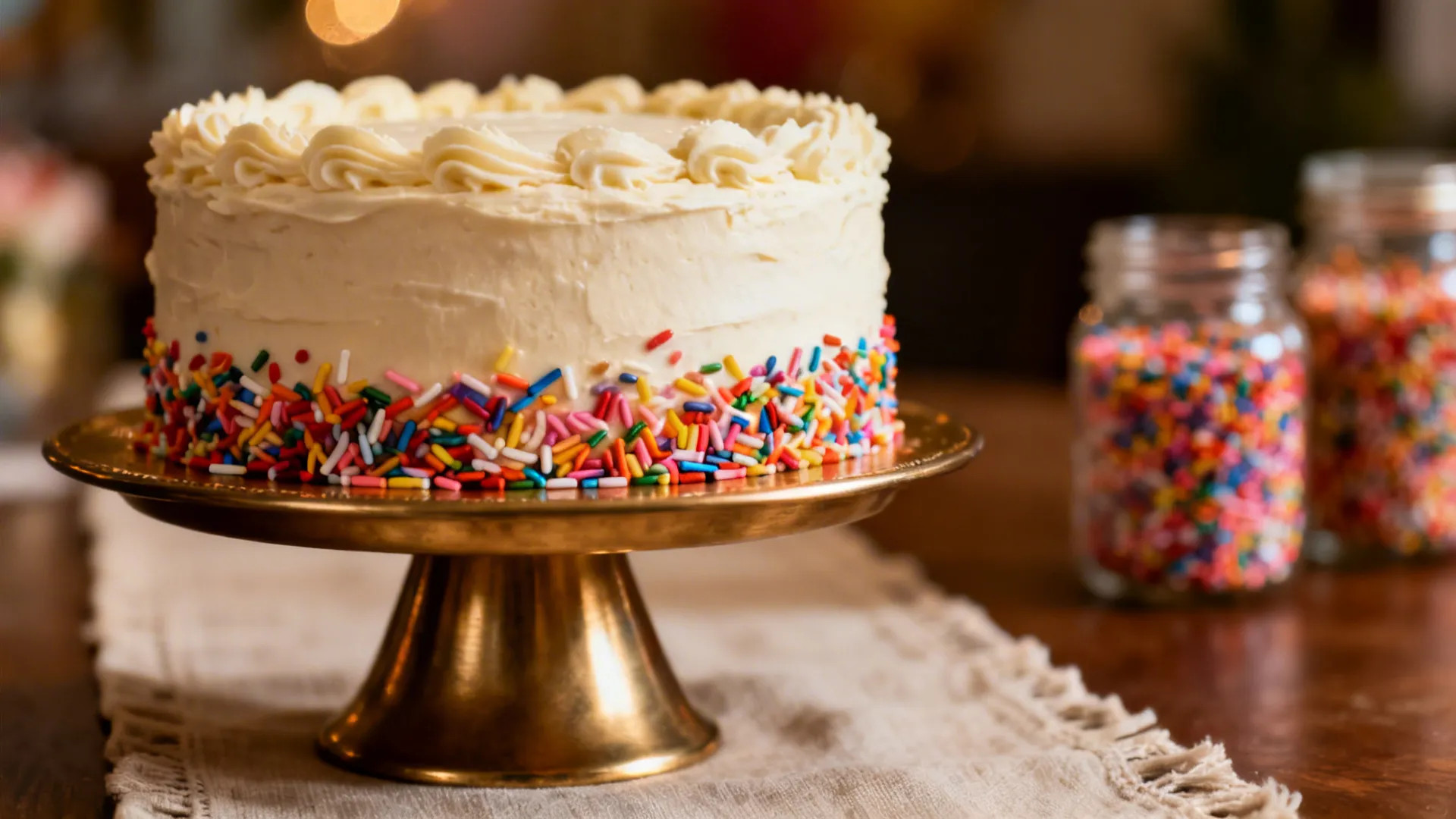 Macro of a spotlighted birthday cake on a brass pedestal with soft bokeh.