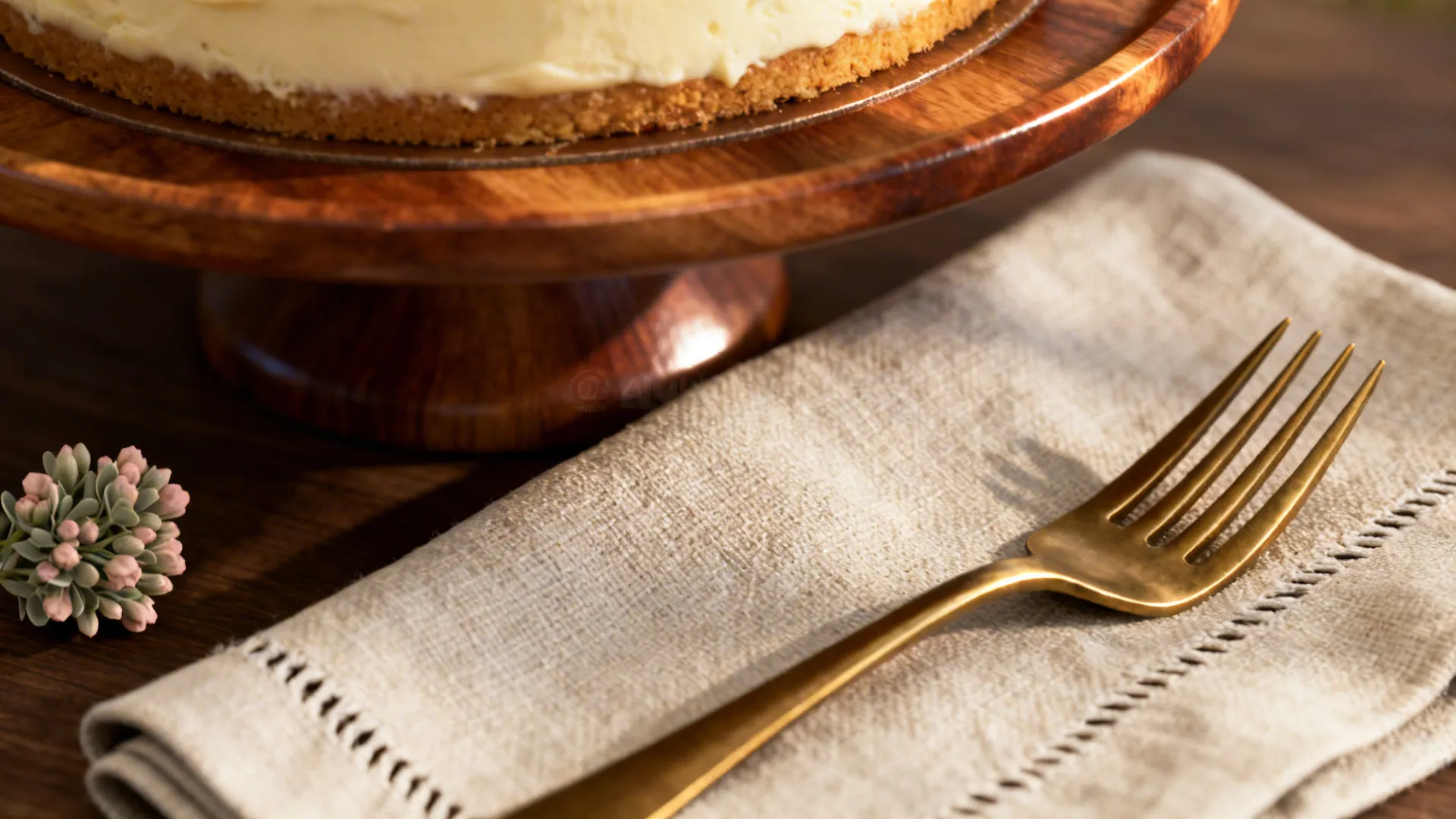 Macro of a wooden cake stand with a small cake, linen napkin, brass fork, and blush-sage floral.