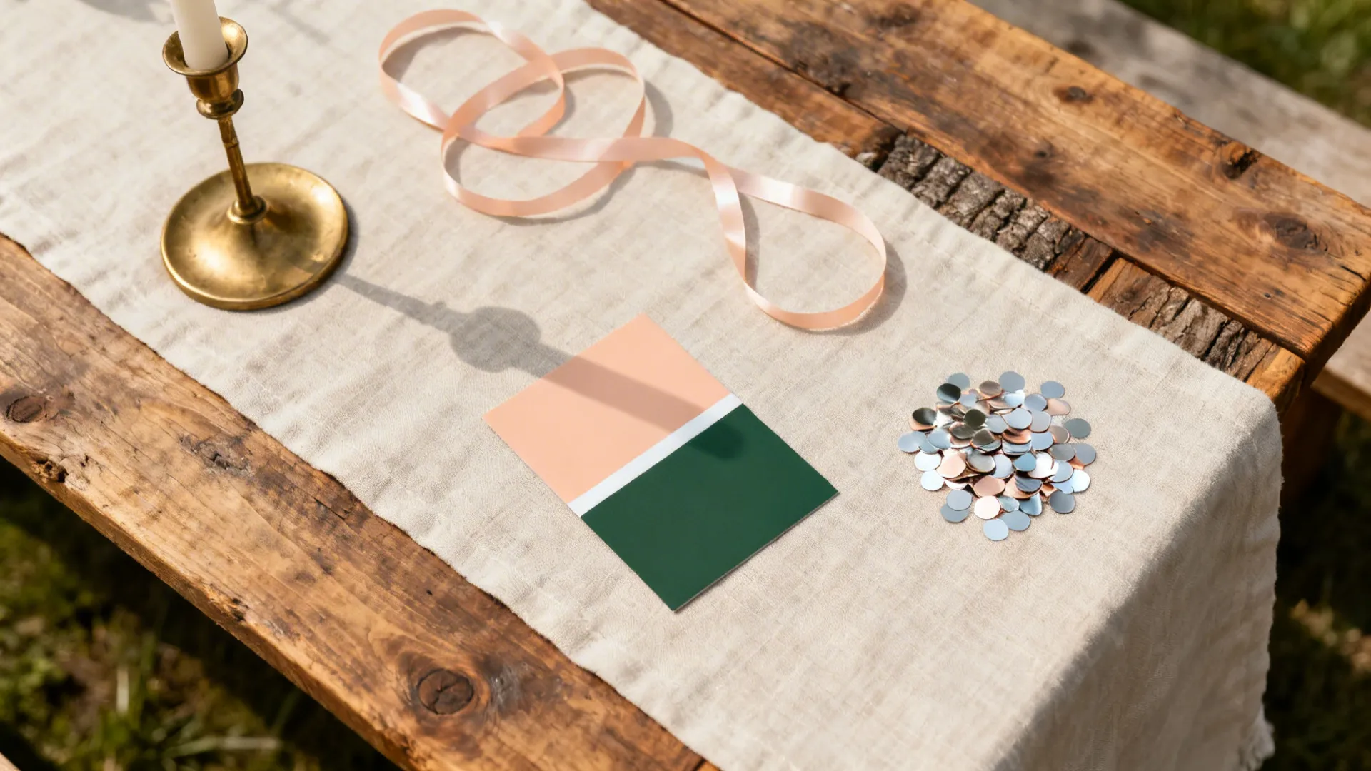 Flat lay of linen runner, wood board, brass accent, balloon ribbon, and peach-green color chips for a cake setup.