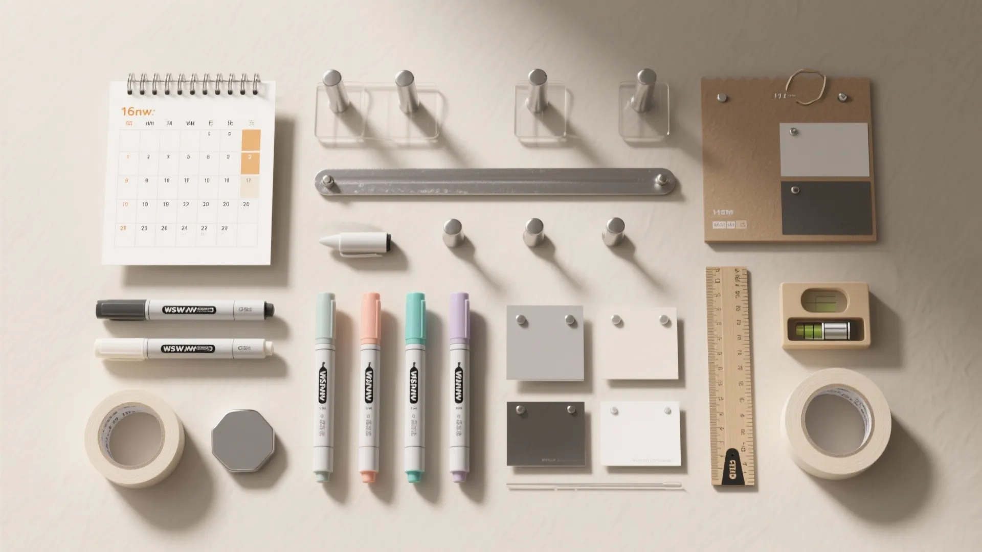 Top-down flatlay of a calendar toolkit with markers, magnets, standoffs, hanging strips, tape, and material swatches.