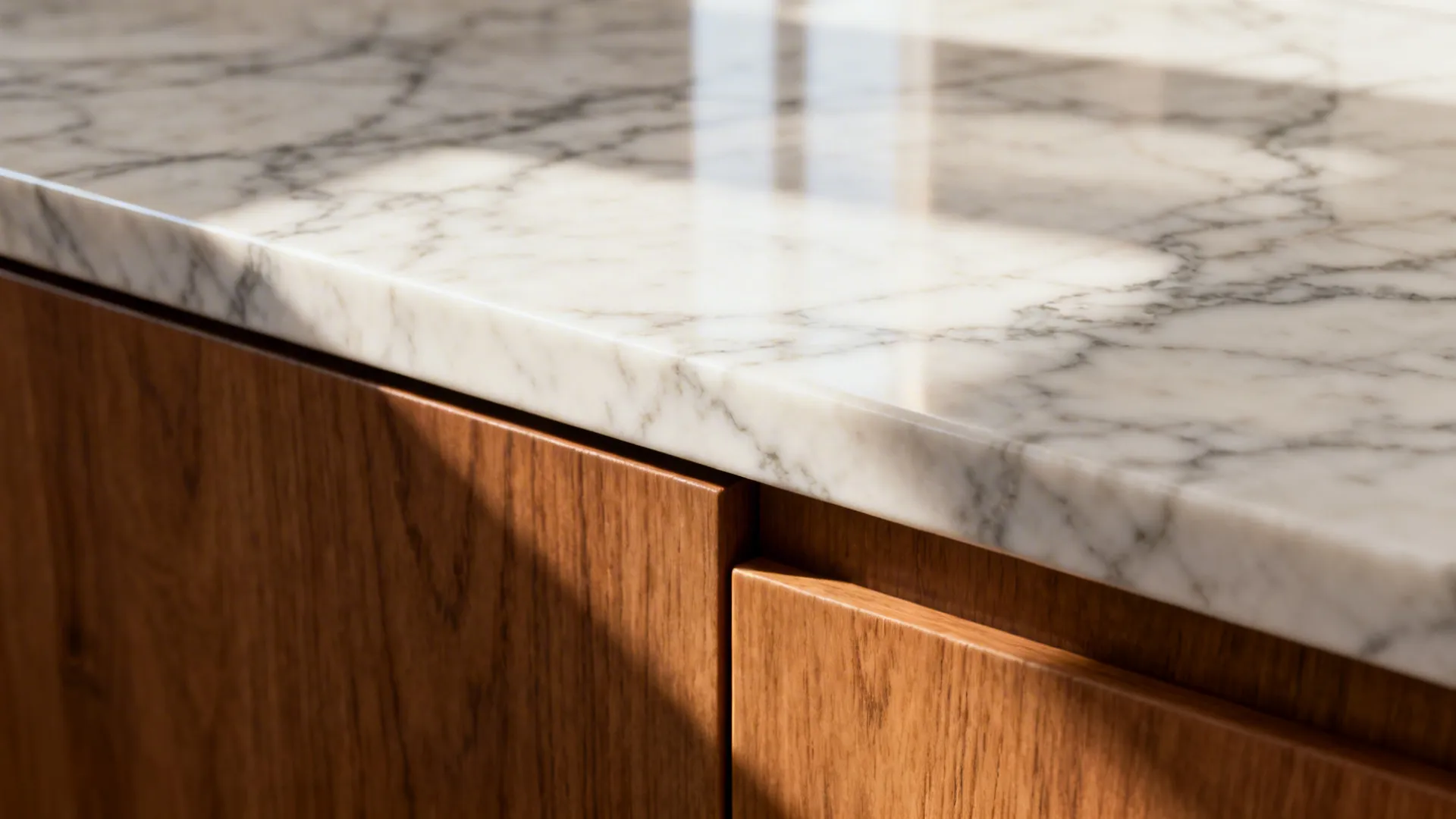 Close-up of Calacatta-style quartz veins meeting warm oak cabinetry edge