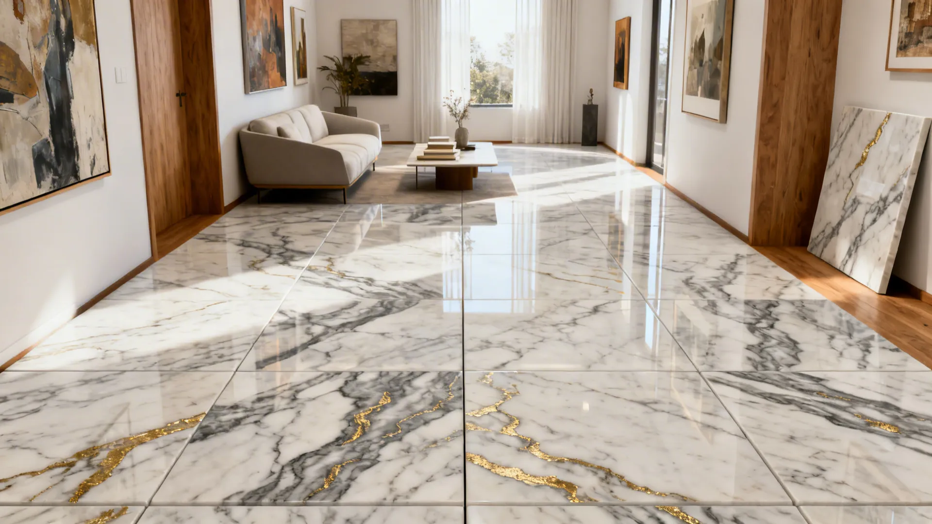 Living room with large-format Calacatta marble slabs and subtle grey-gold veining.
