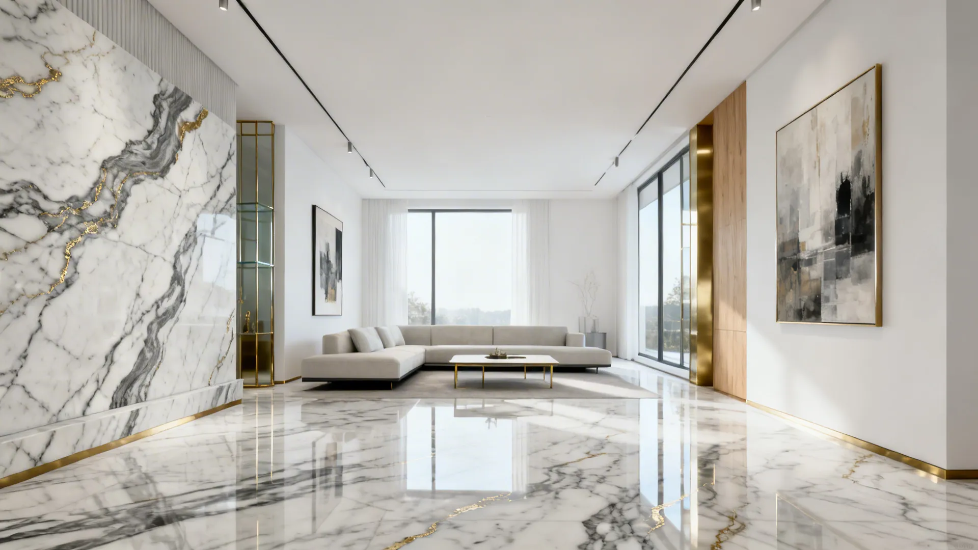 Small living room with large-format Calacatta marble slabs and minimal grout lines.