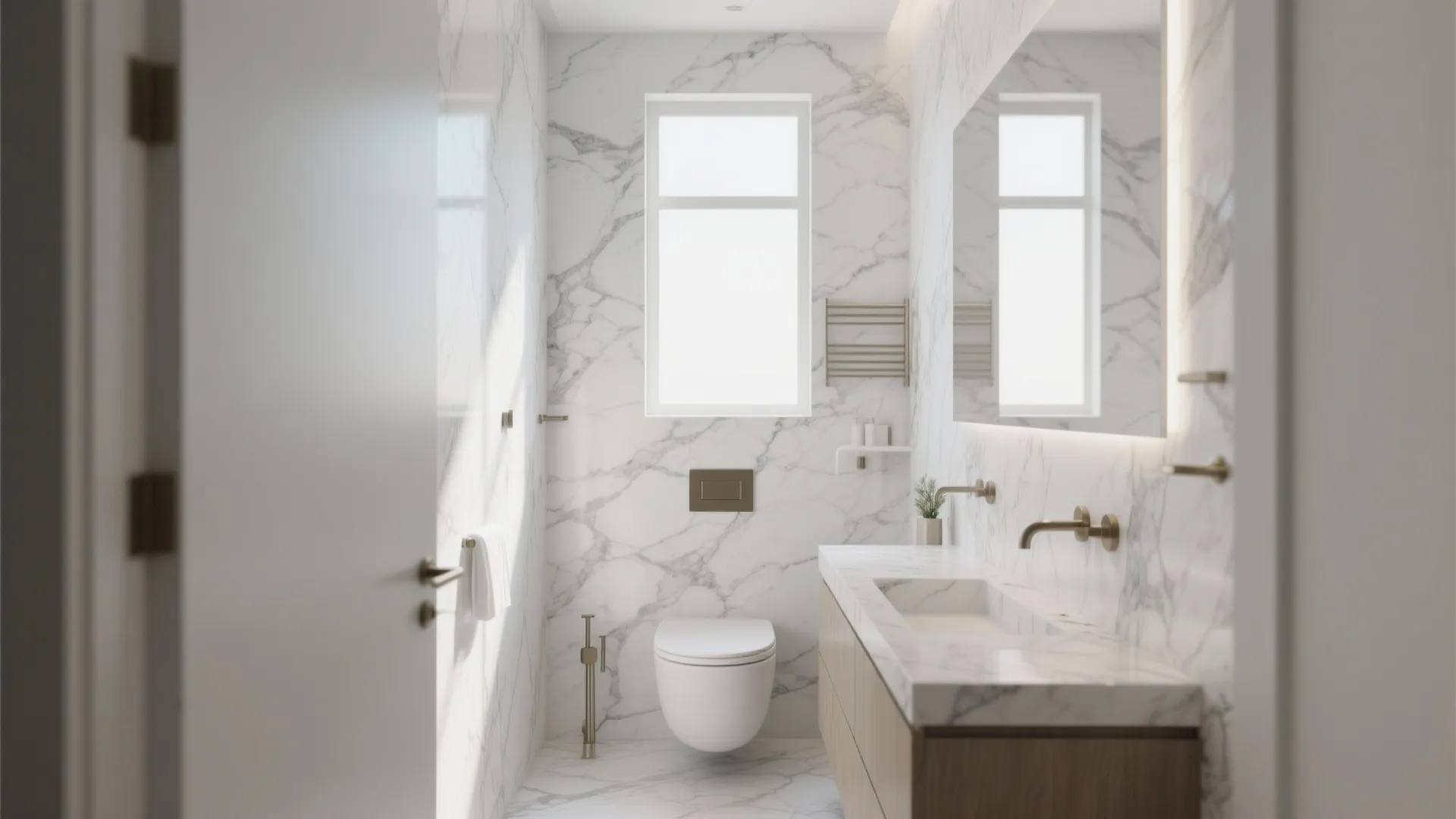 Modern bathroom with white marble walls and floor featuring a toilet wooden cabinet and sink