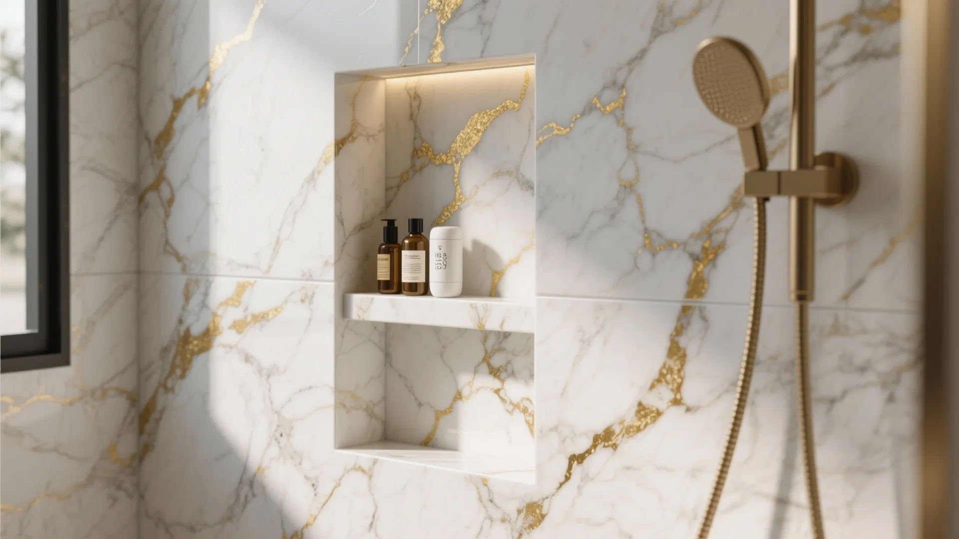 Close up of a marble wall shelf with gold patterns holding bottles near a shower head